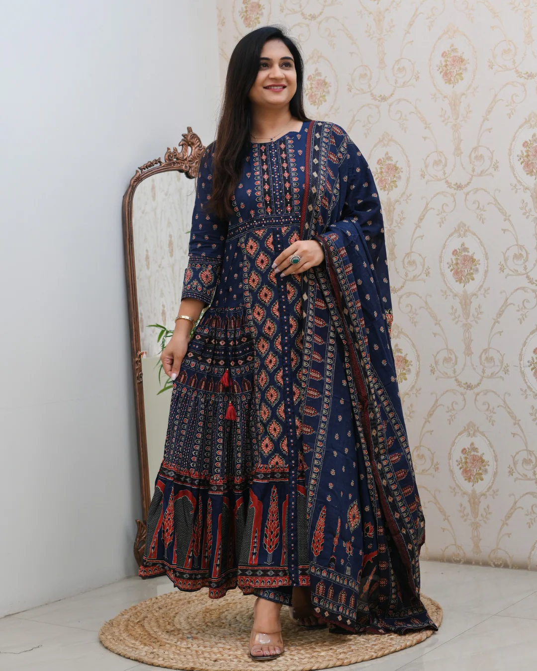 Cotton Handblock Flaired Anarkali Set - Image 12