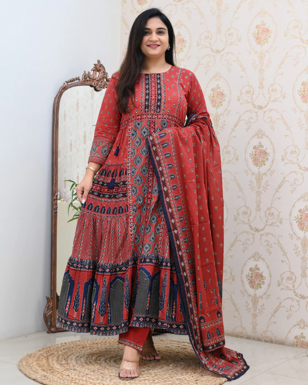 Cotton Handblock Flaired Anarkali Set - Image 2