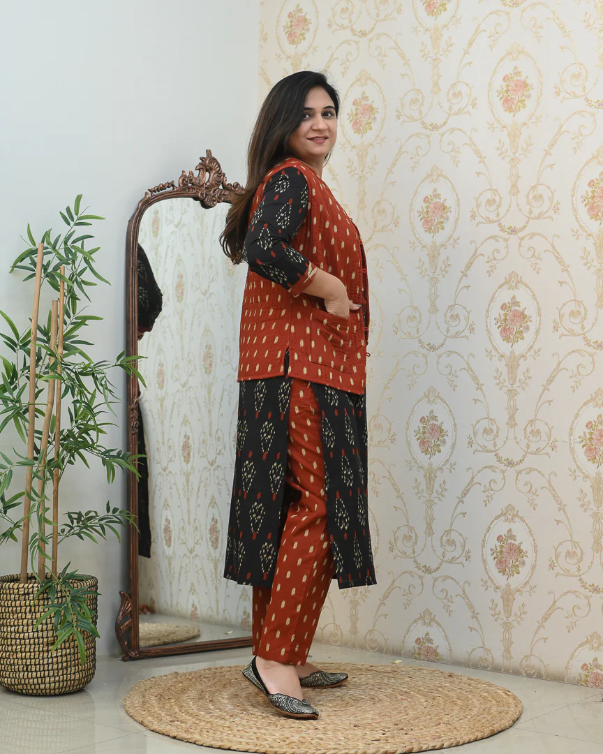 Cotton Ikkat Pant Set with Quilted Jacket - Image 3