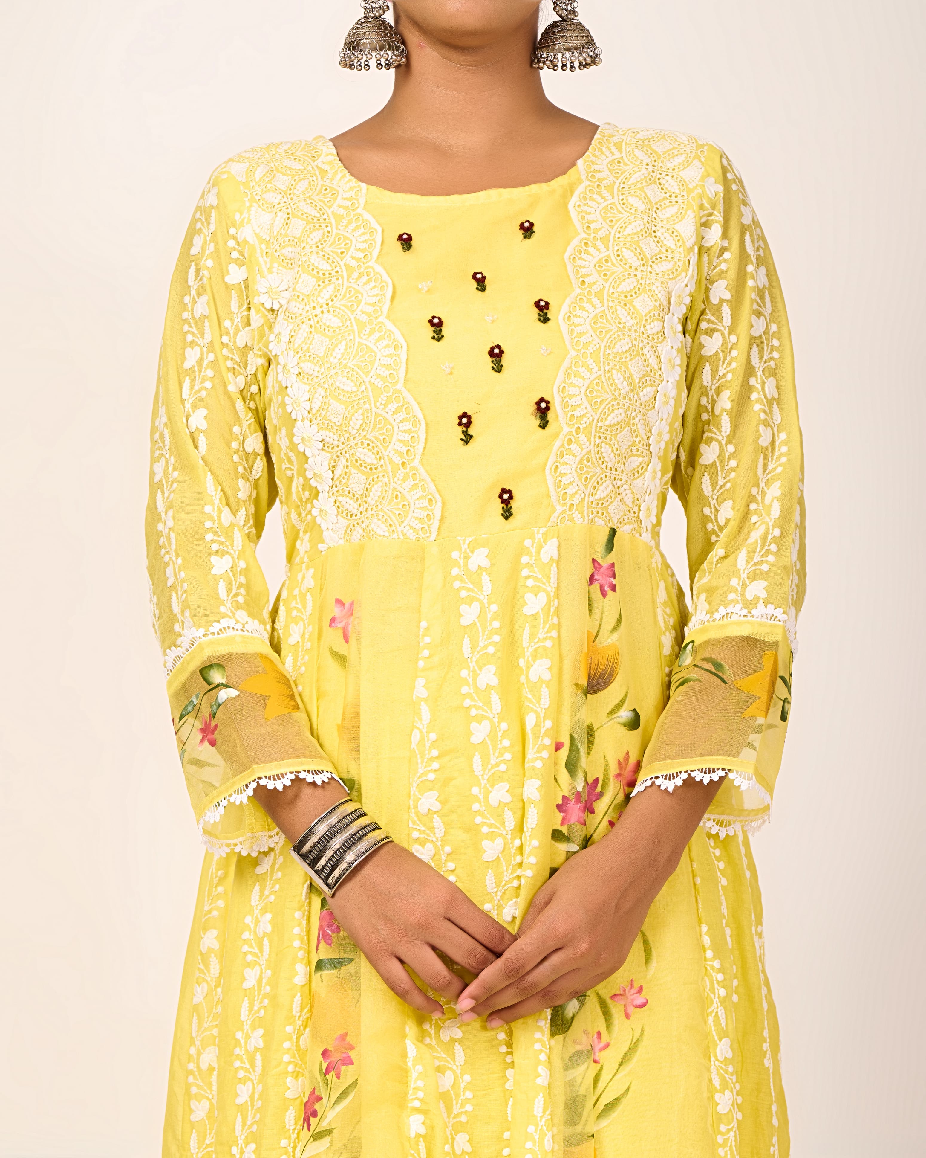 Cotton Schiffli Hand Brush Painted Anarkali Set - Image 3