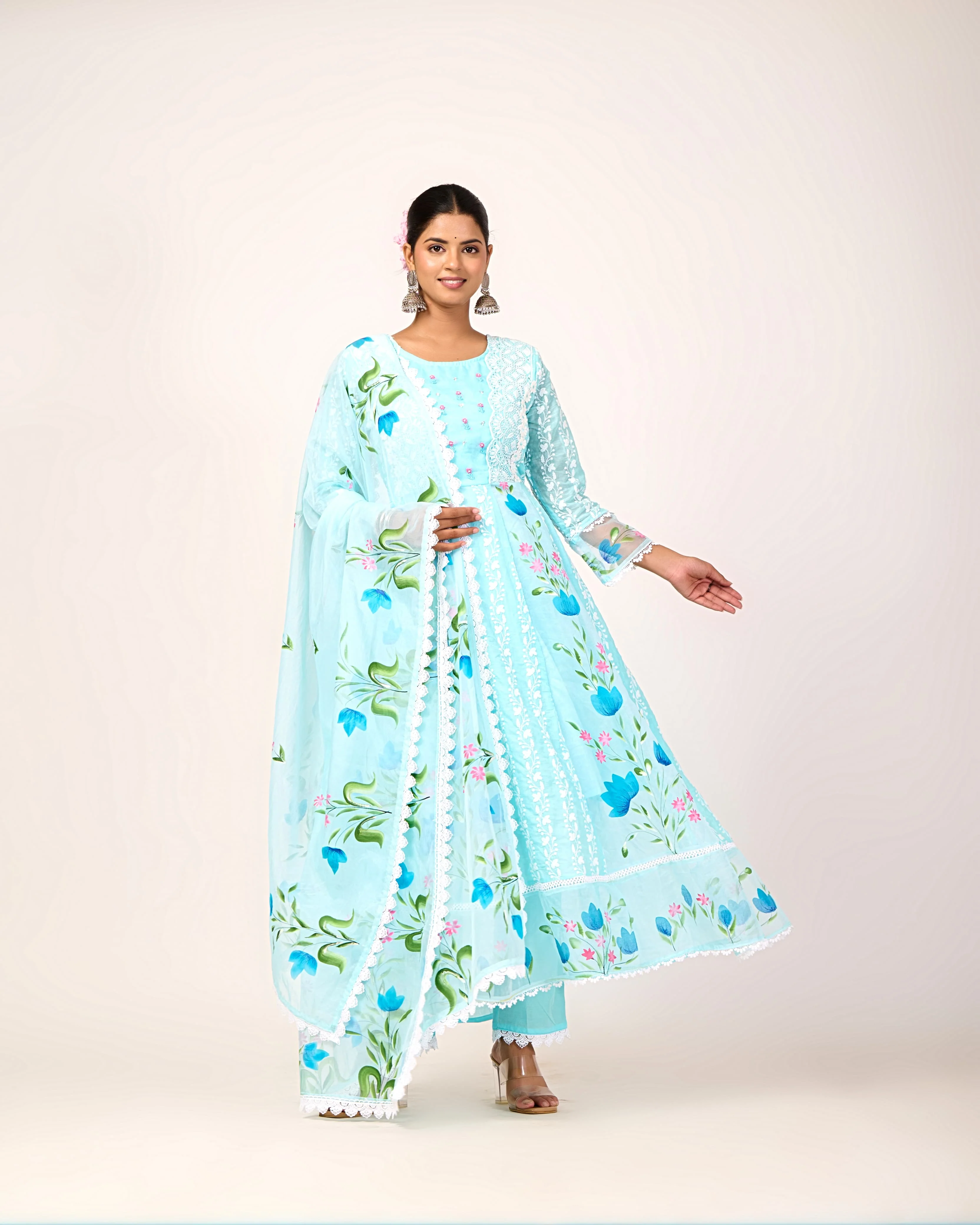 Cotton Schiffli Hand Brush Painted Anarkali Set - Image 6
