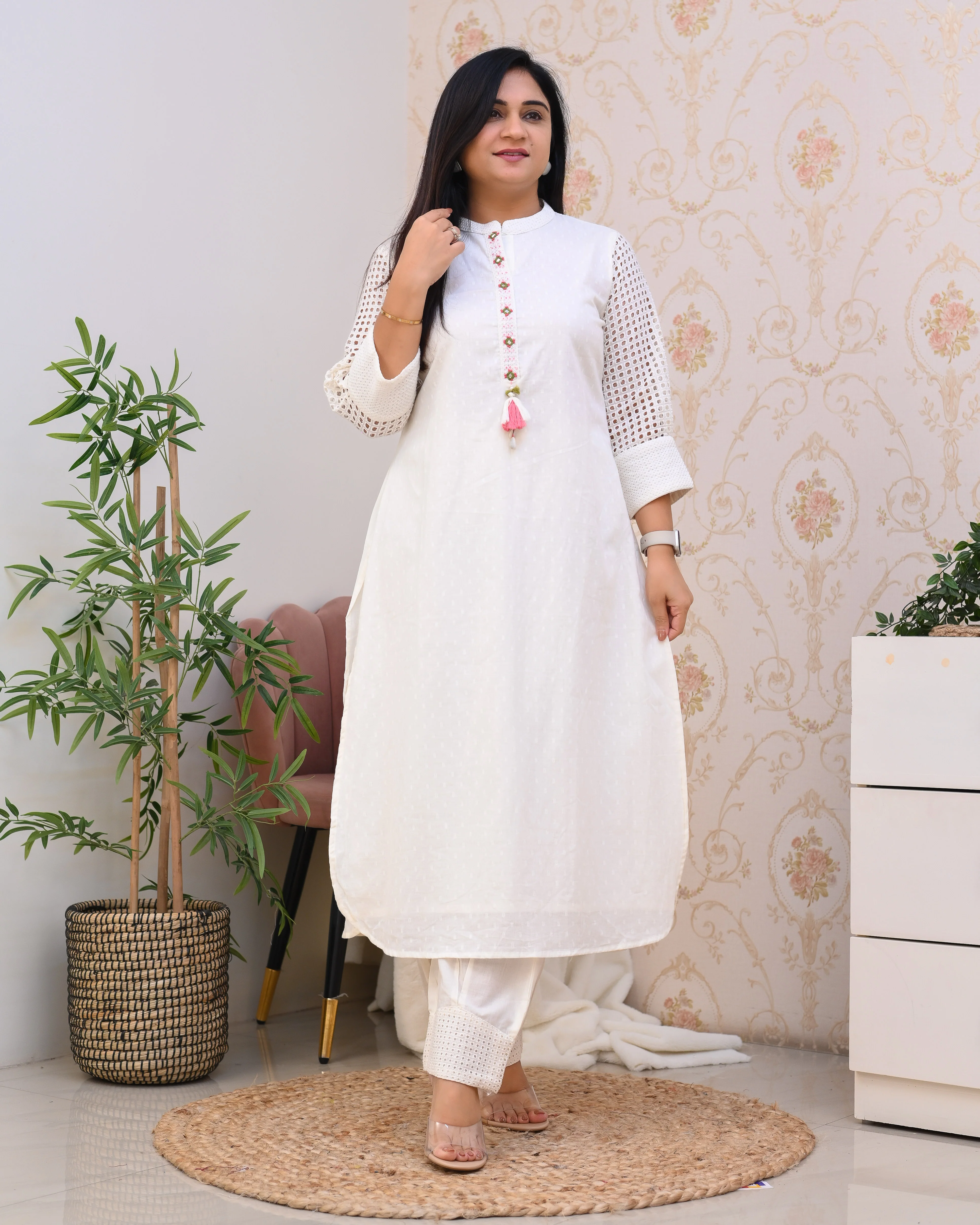 Cotton Straight HandEmbroidered Sciffili Pant Set - Image 5