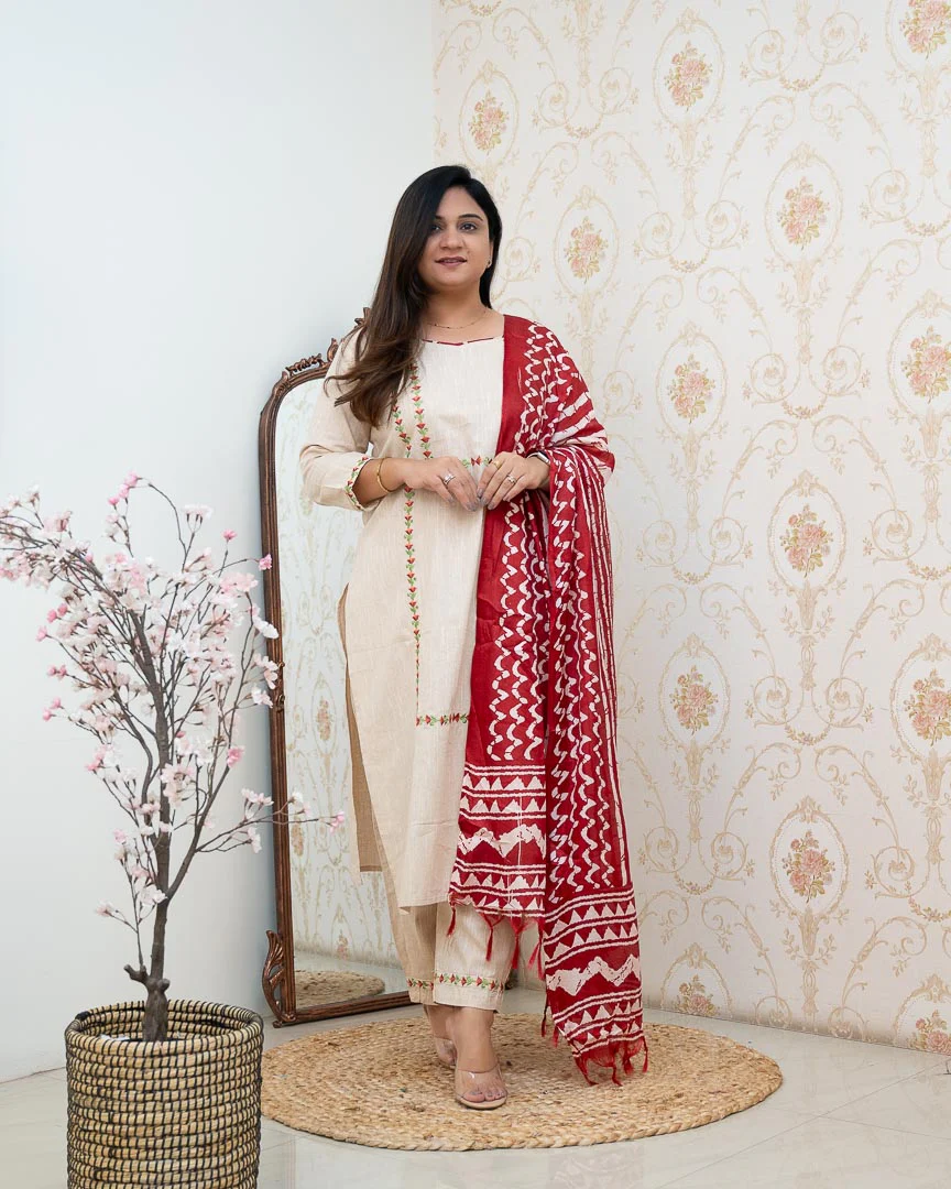 Cream Cotton Embroidered Pant Set - Image 10
