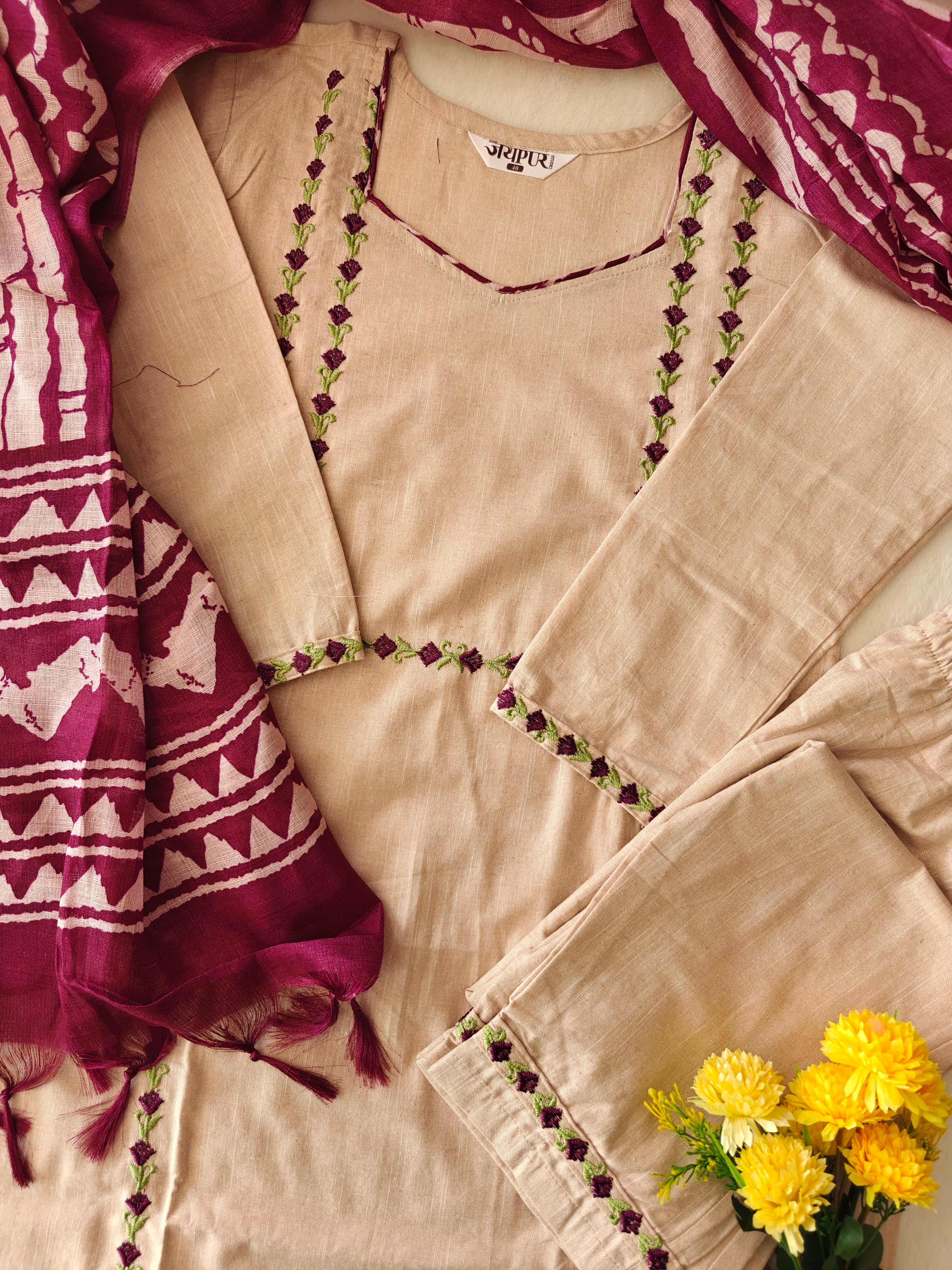 Cream Cotton Embroidered Pant Set - Image 11