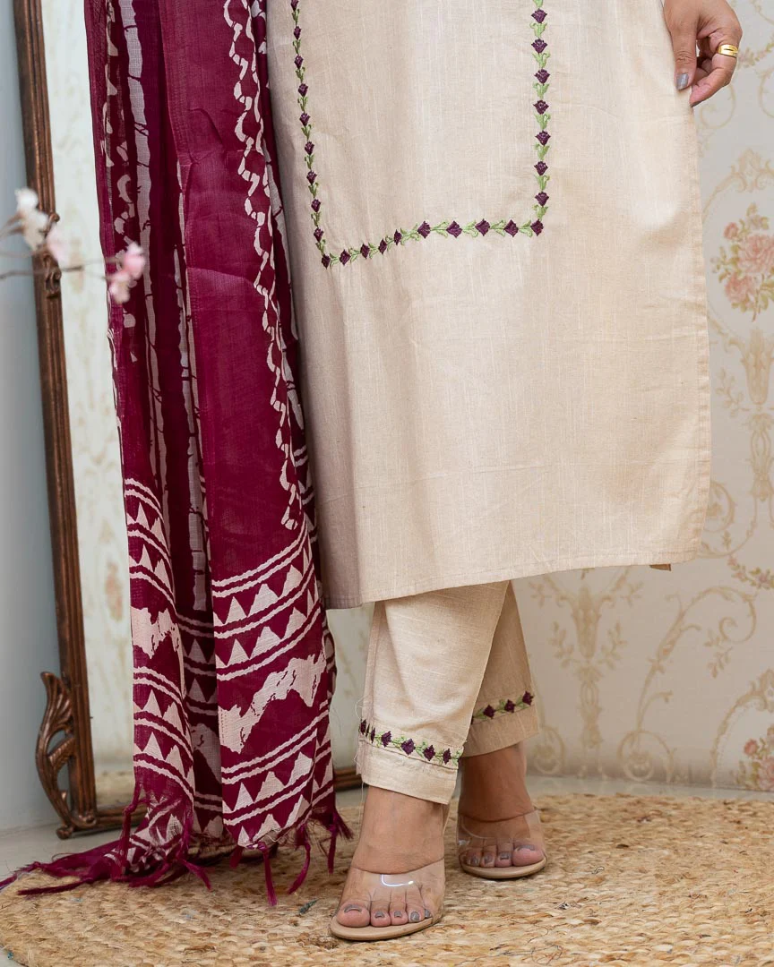 Cream Cotton Embroidered Pant Set - Image 15