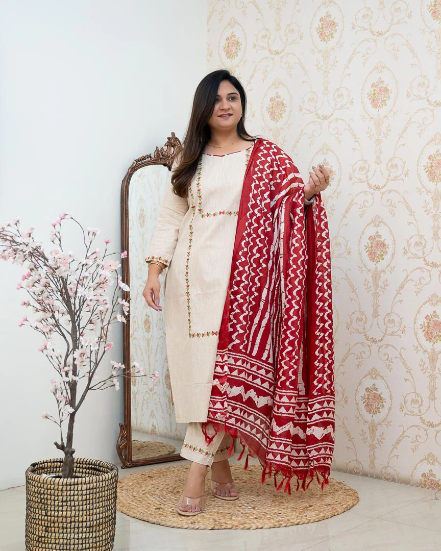 Cream Cotton Embroidered Pant Set - Image 4