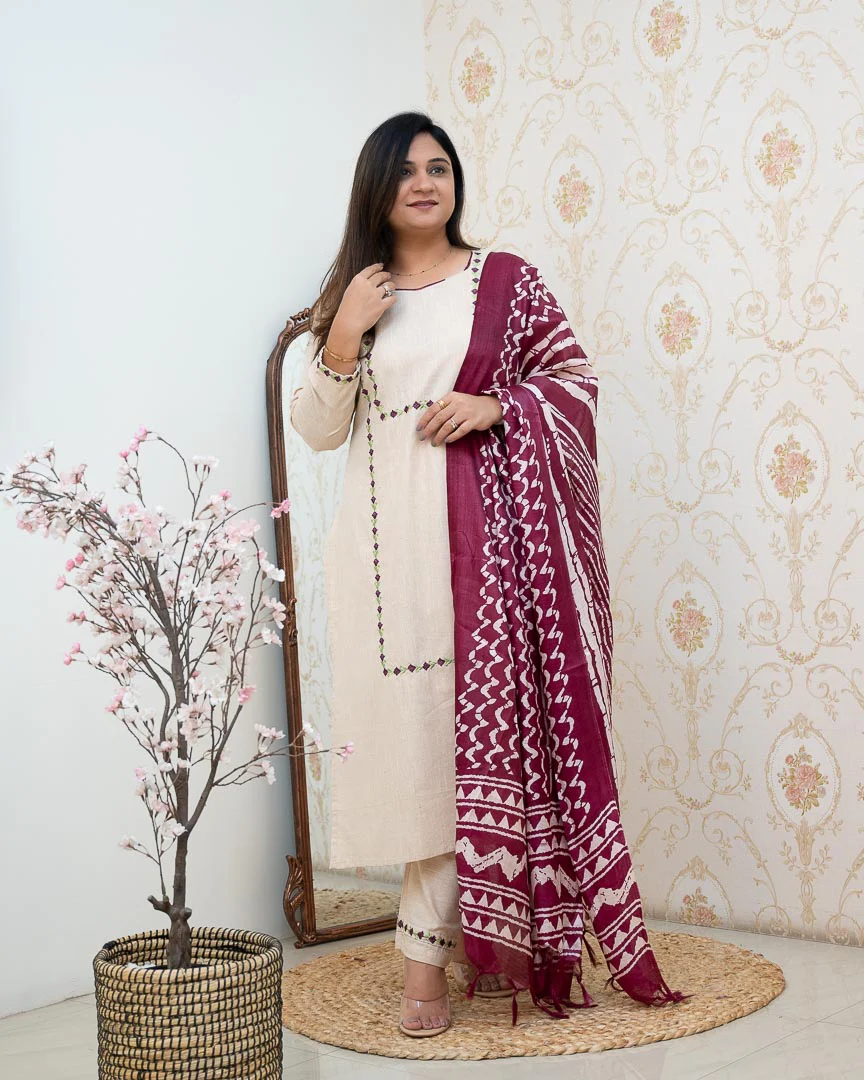 Cream Cotton Embroidered Pant Set - Image 5