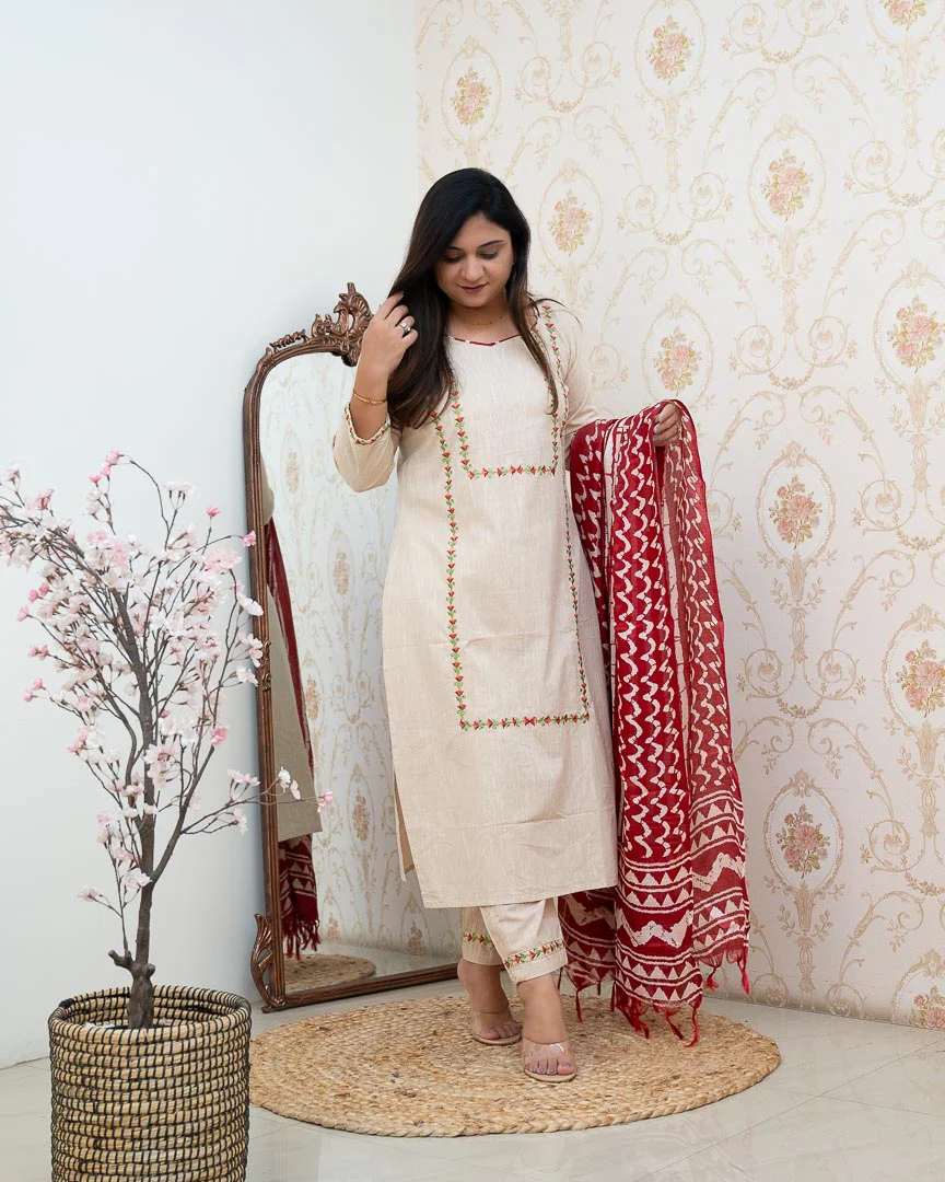 Cream Cotton Embroidered Pant Set - Image 6