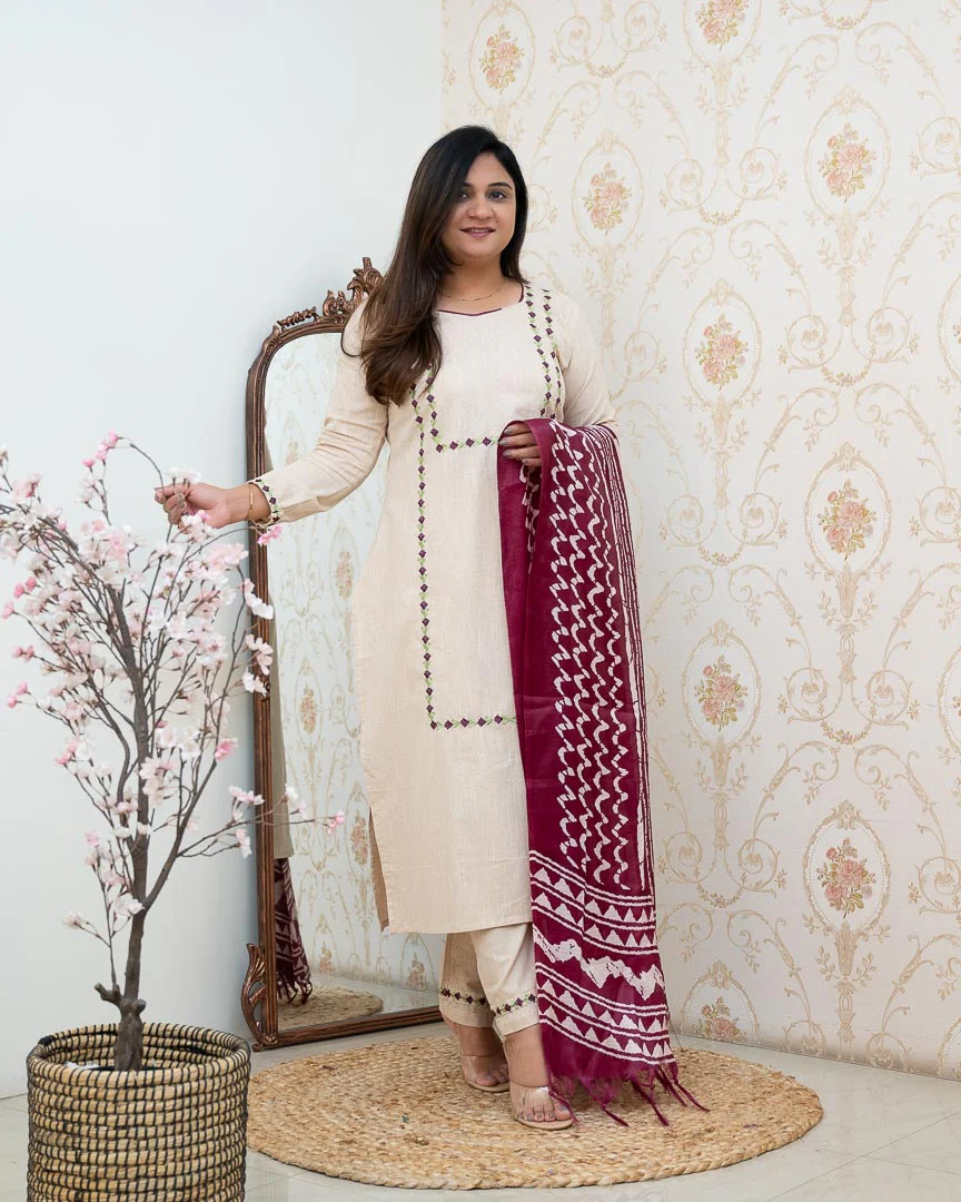 Cream Cotton Embroidered Pant Set - Image 7