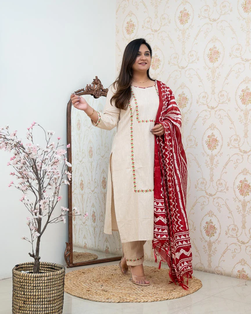 Cream Cotton Embroidered Pant Set - Image 8