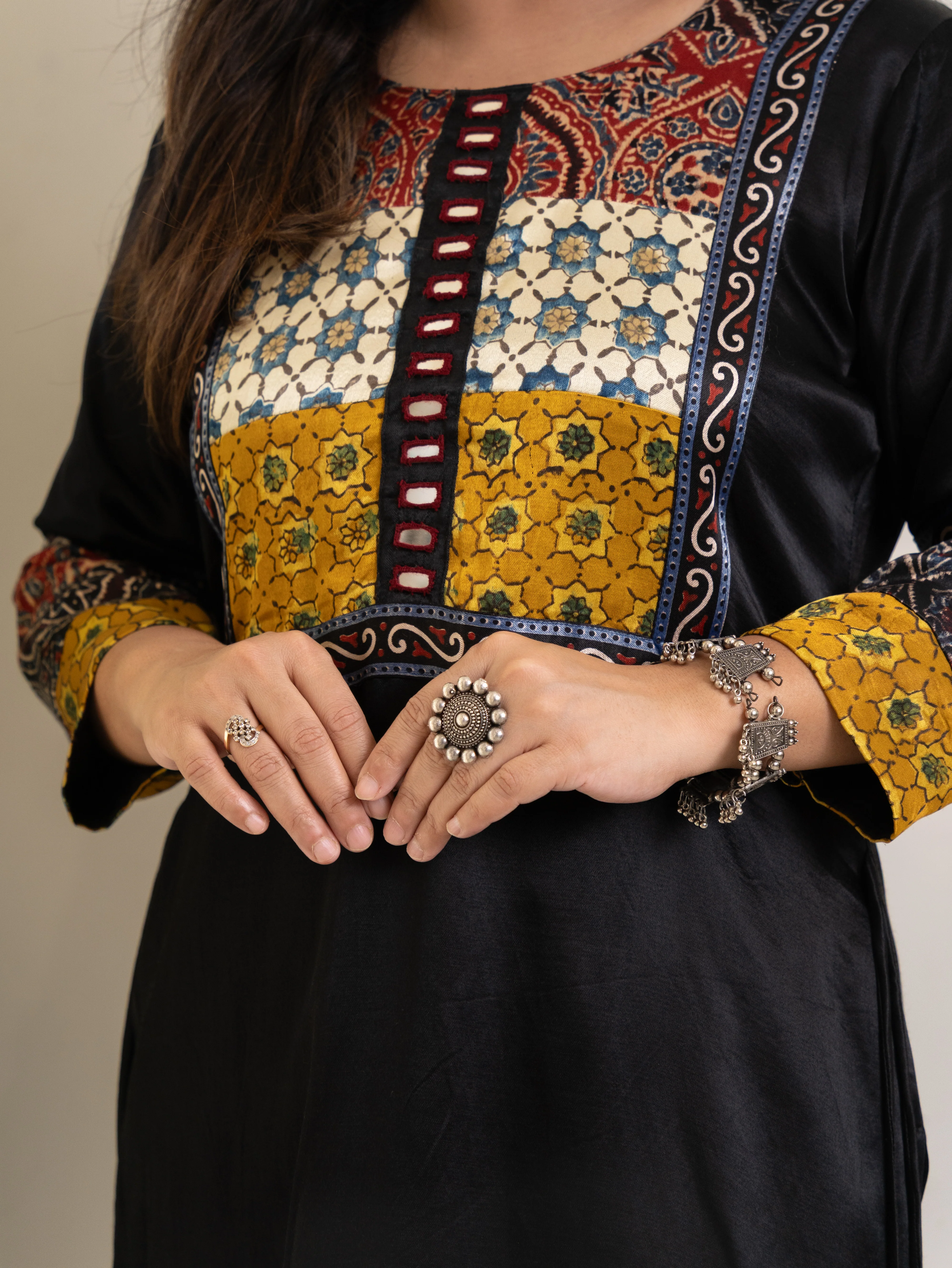 Daniya Black Mashru Silk Ajrakh Embroidered Kurta - Image 10