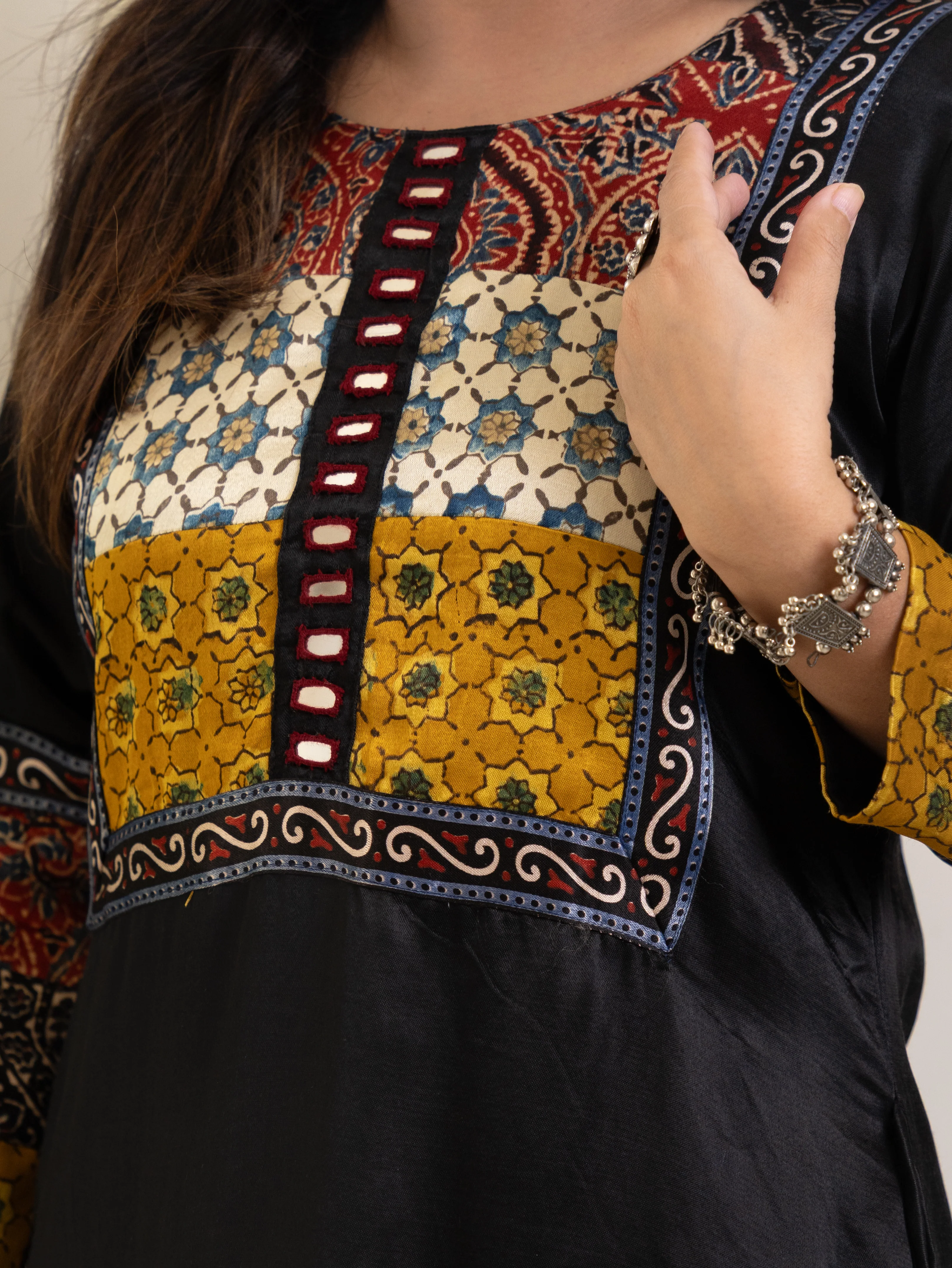 Daniya Black Mashru Silk Ajrakh Embroidered Kurta - Image 11