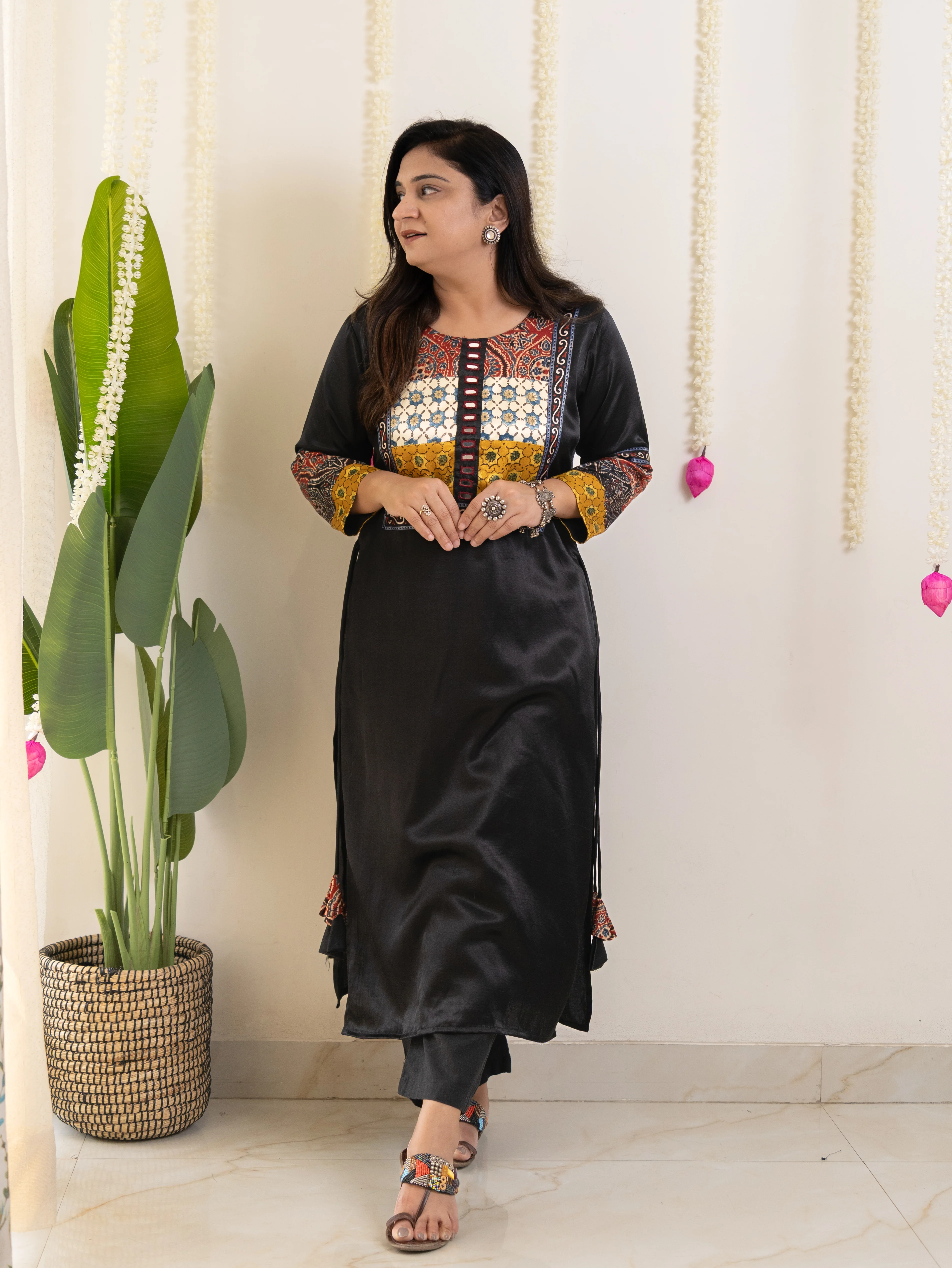 Daniya Black Mashru Silk Ajrakh Embroidered Kurta - Image 2