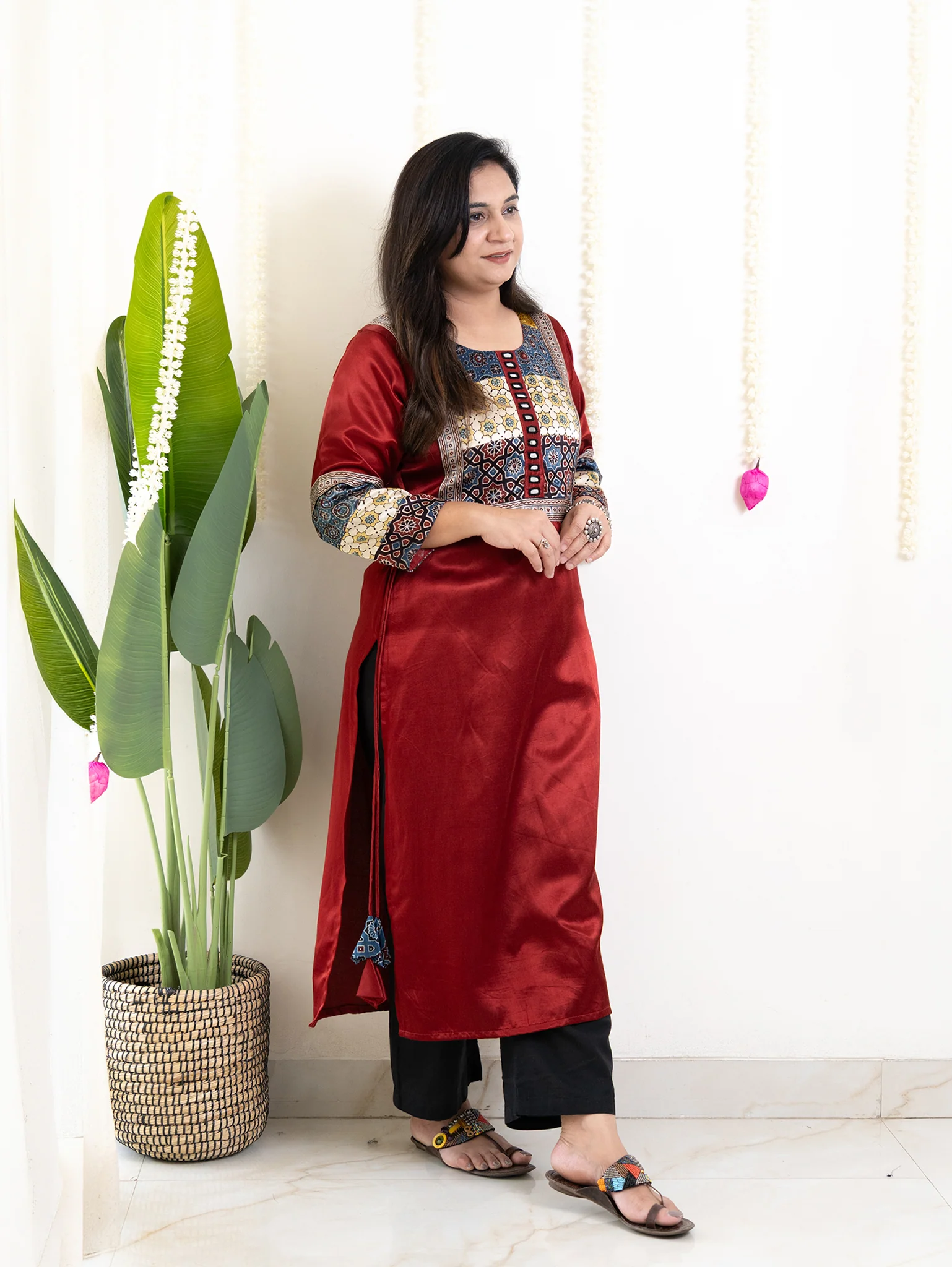 Daniya Red Mashru Silk Ajrakh Embroidered Kurta - Image 3