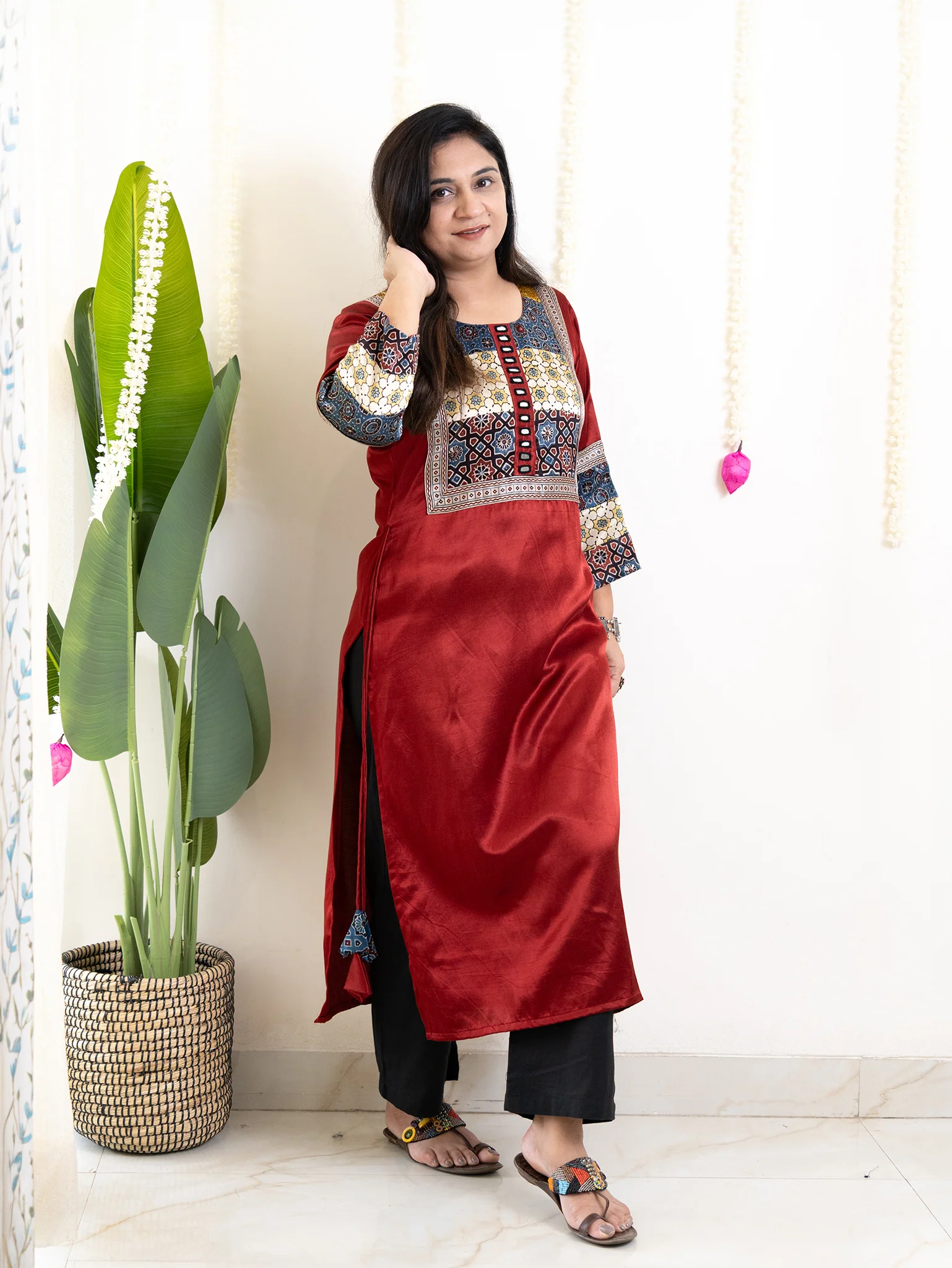 Daniya Red Mashru Silk Ajrakh Embroidered Kurta - Image 4