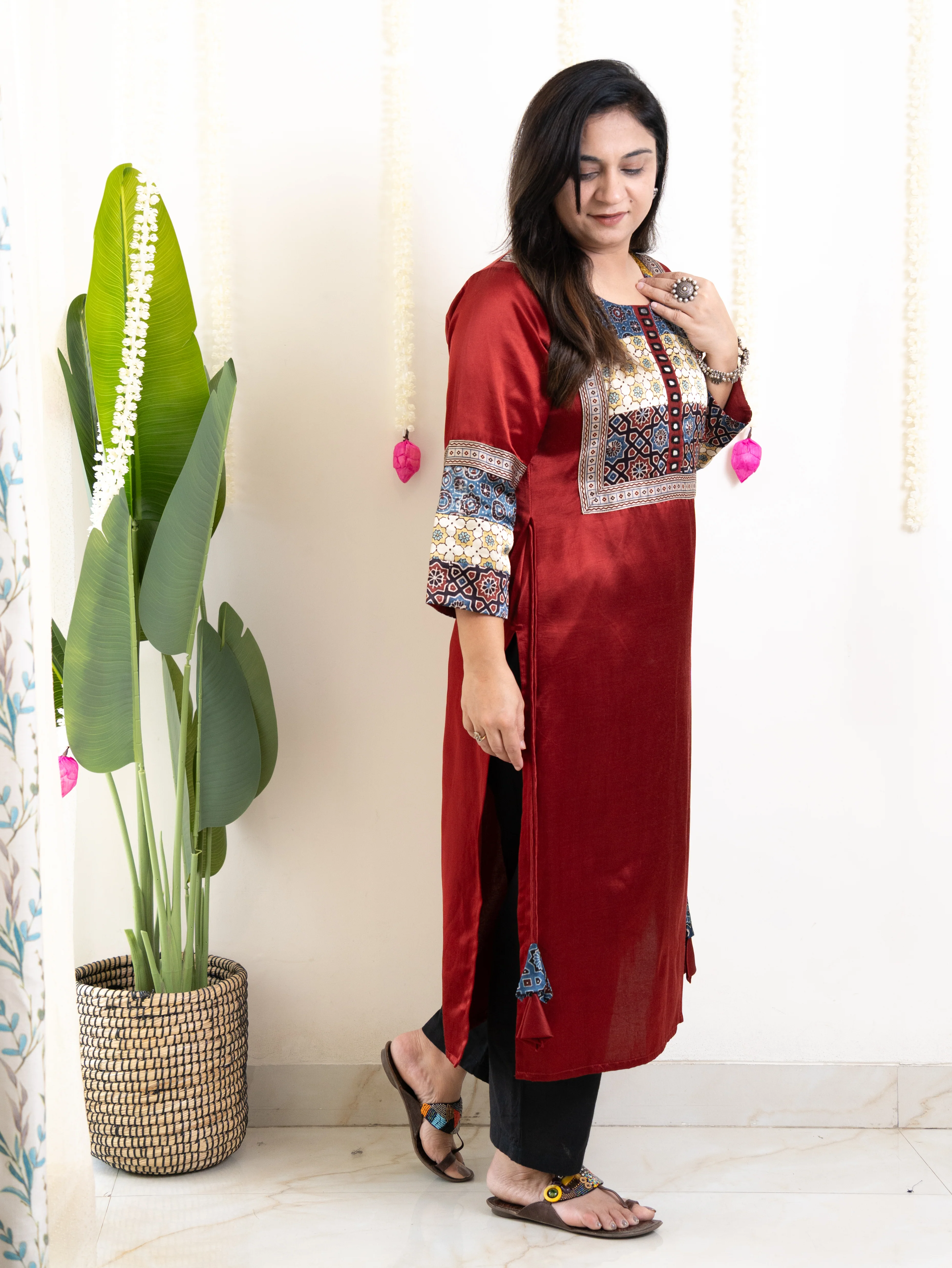 Daniya Red Mashru Silk Ajrakh Embroidered Kurta - Image 5