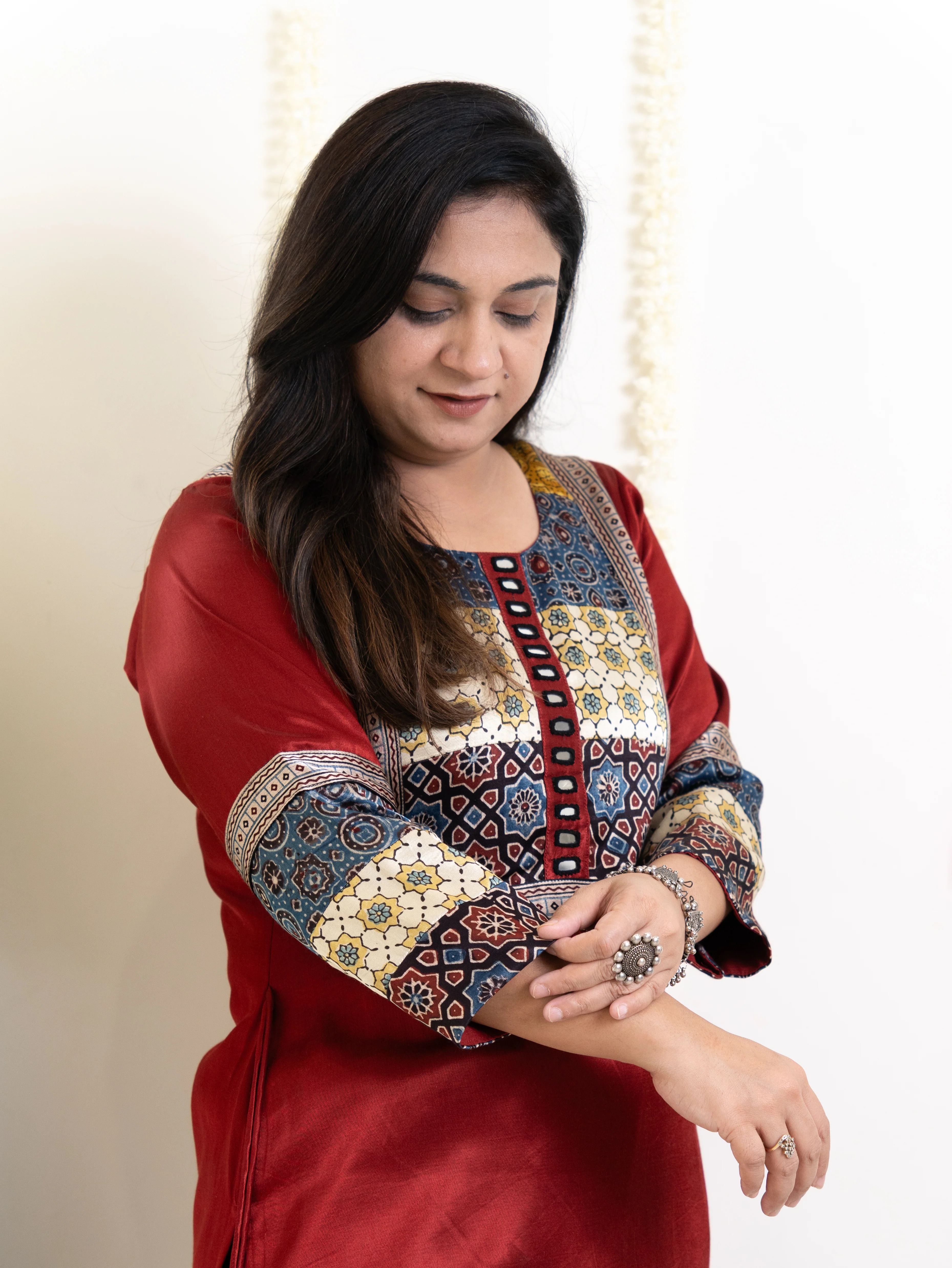 Daniya Red Mashru Silk Ajrakh Embroidered Kurta - Image 7