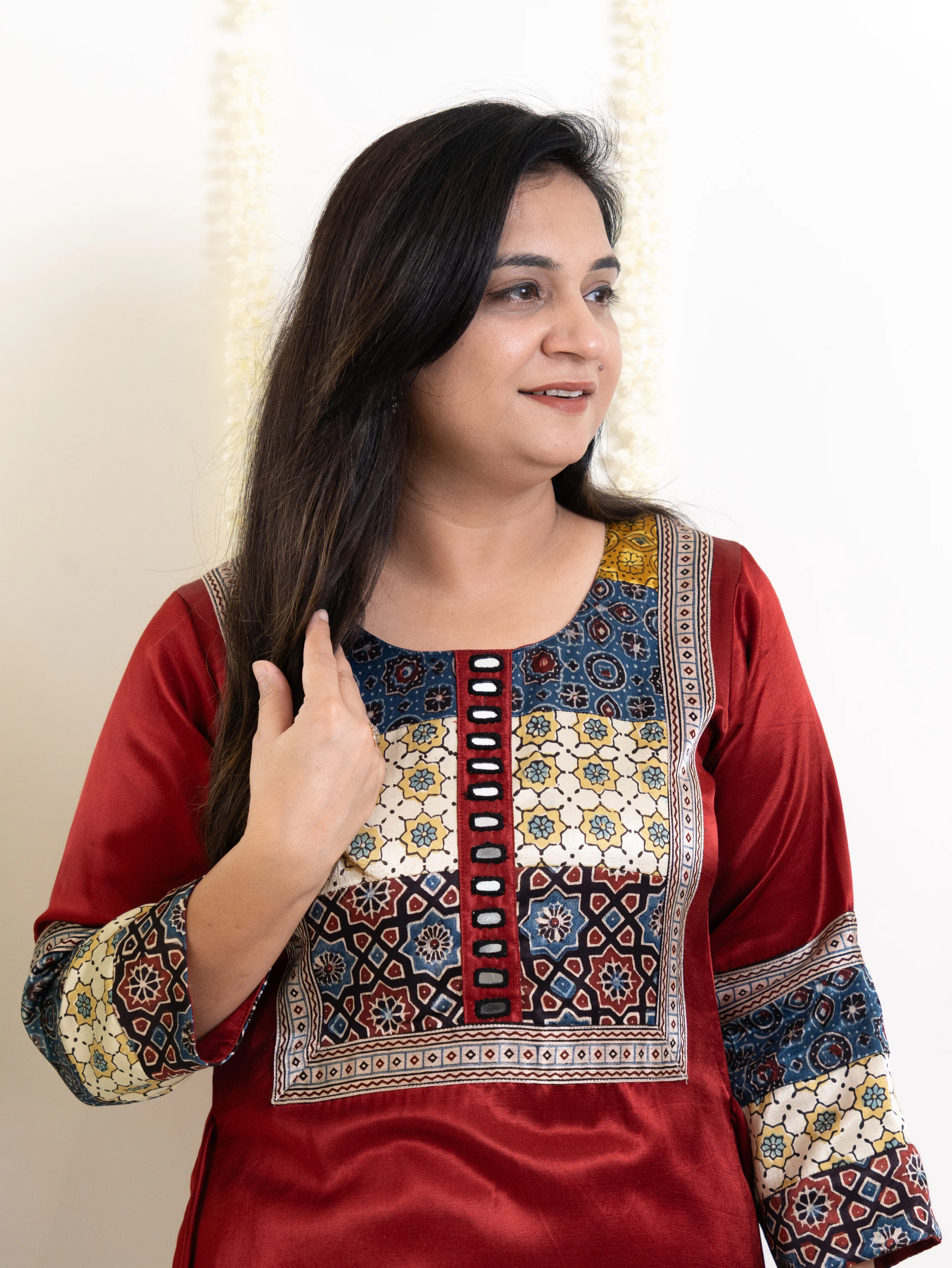 Daniya Red Mashru Silk Ajrakh Embroidered Kurta - Image 8