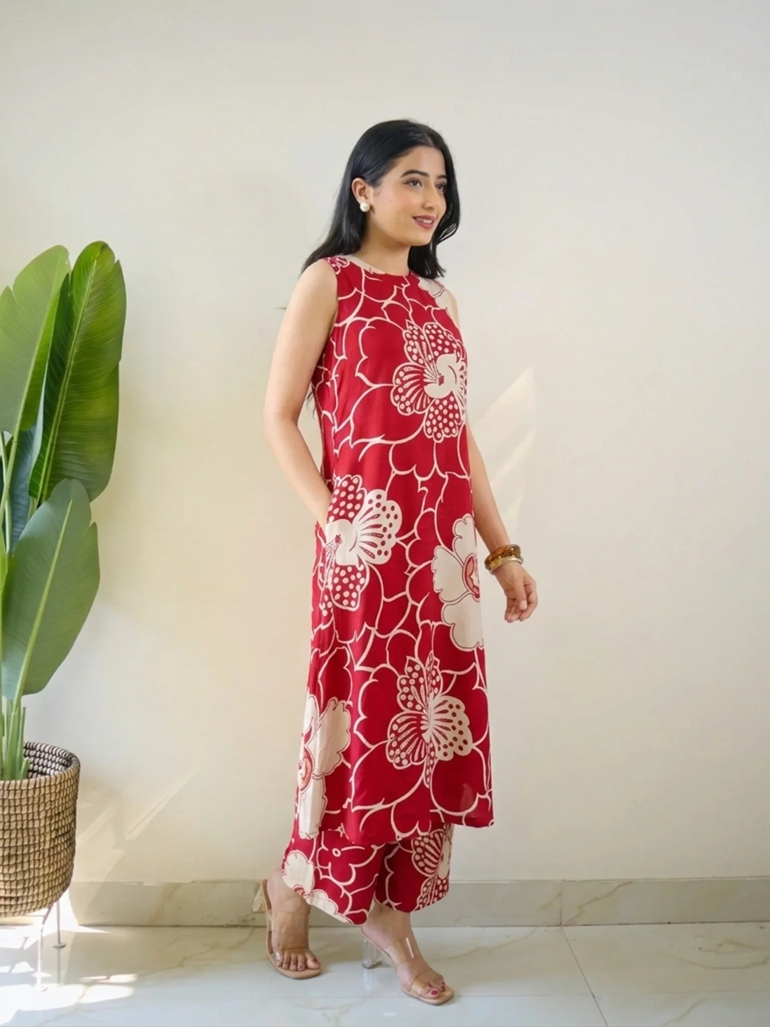 Dia Red Floral Rayon A-line Coord Set - Image 2