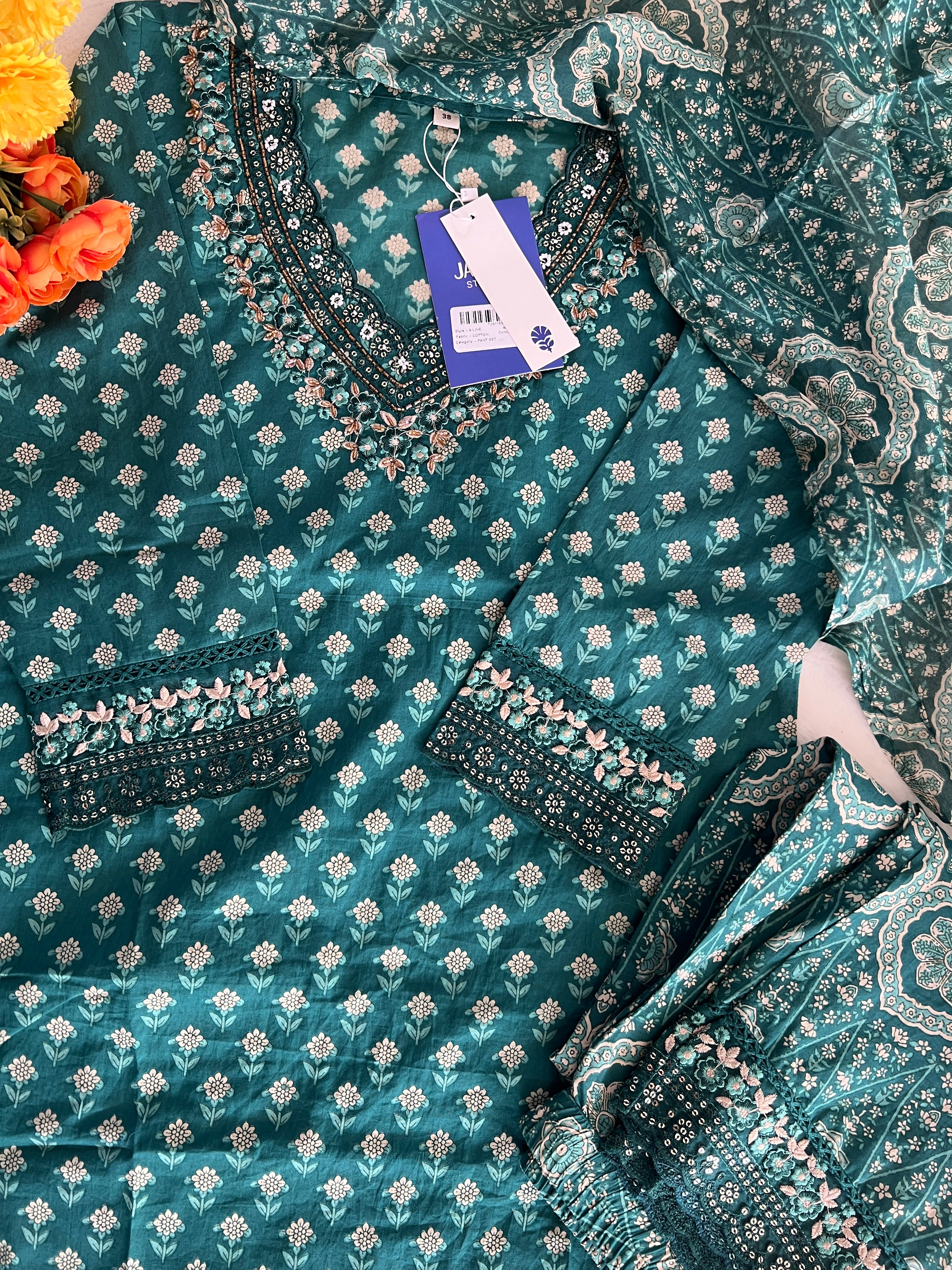Dimpee Ajrakh Cotton HandEmbroidered Dupatta set - Image 24