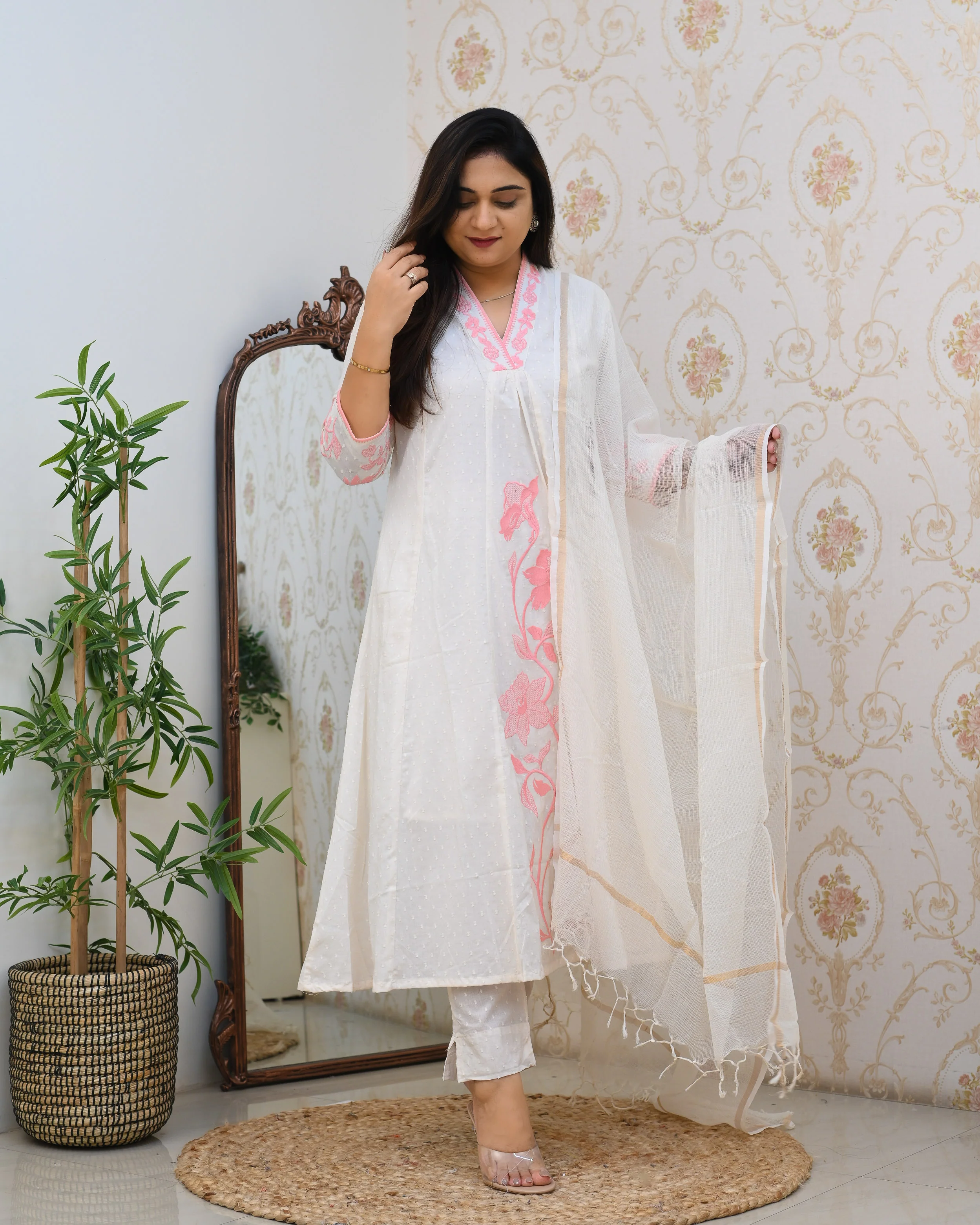 Dobby Cotton A-line Embroidered Pant Set - Image 15