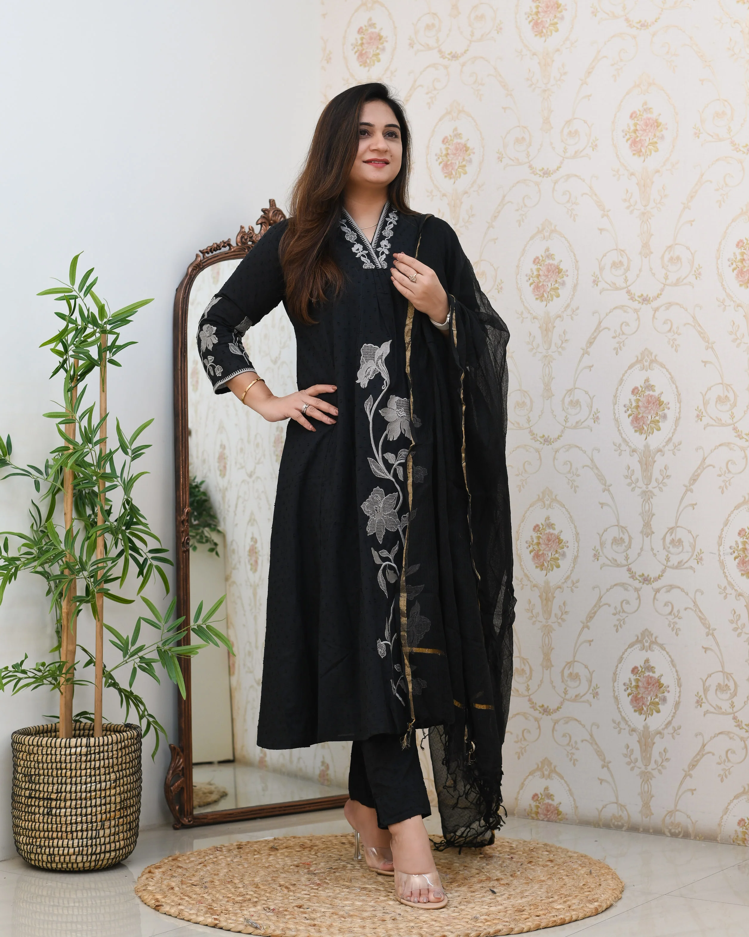 Dobby Cotton A-line Embroidered Pant Set - Image 18