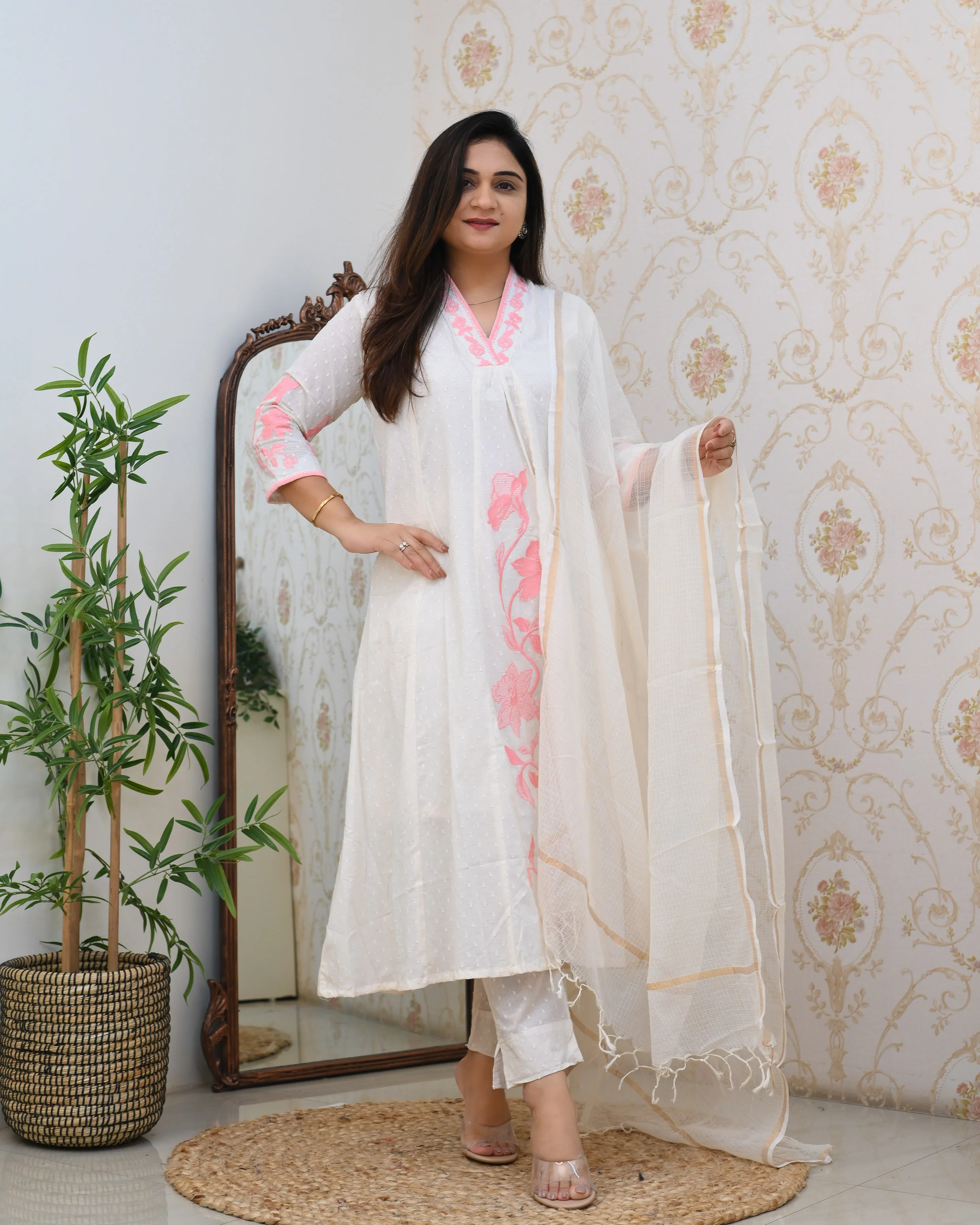 Dobby Cotton A-line Embroidered Pant Set - Image 3