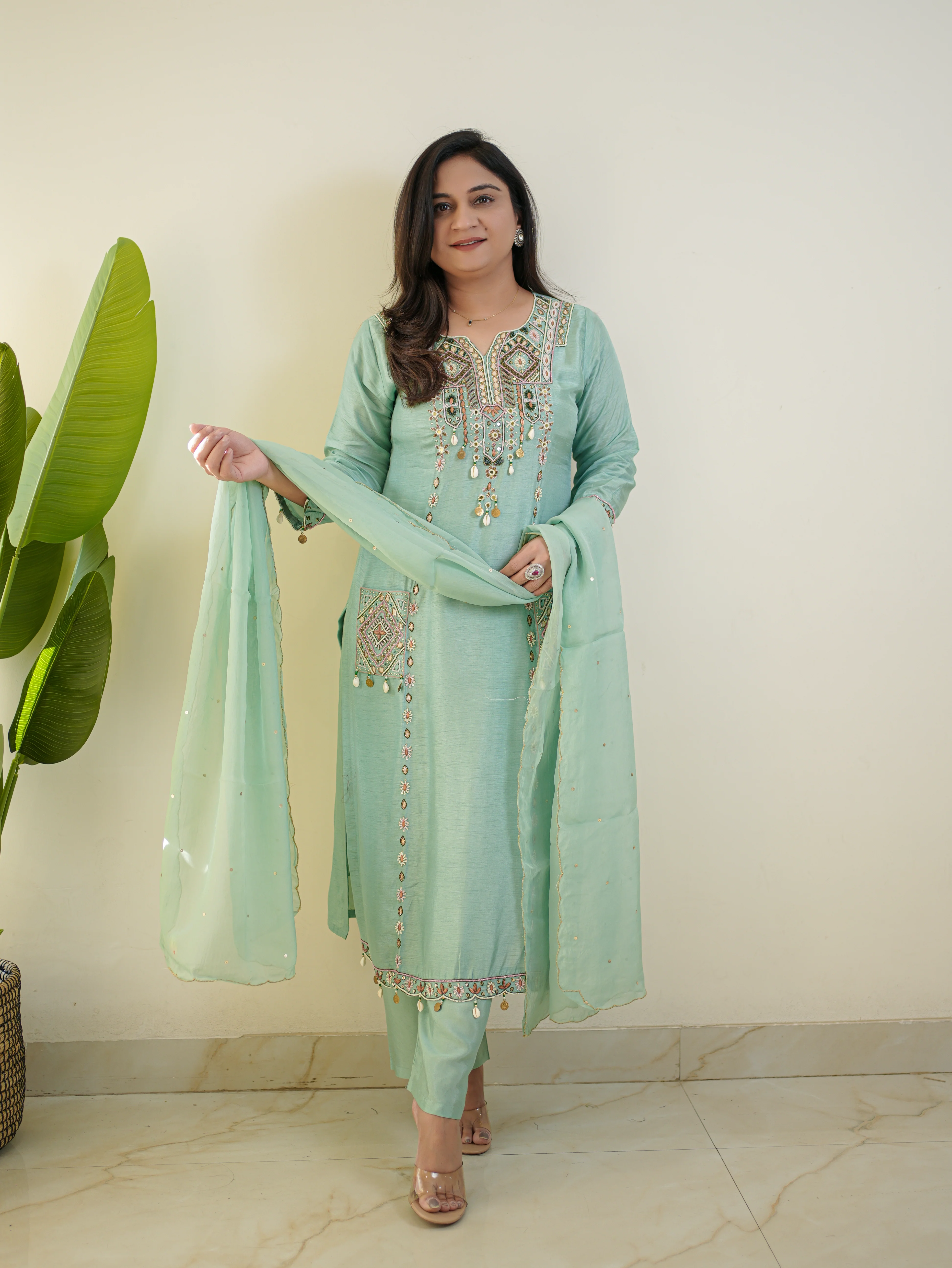 Sia Blue Silk Festive HandEmbroidered Pant Set - Image 4