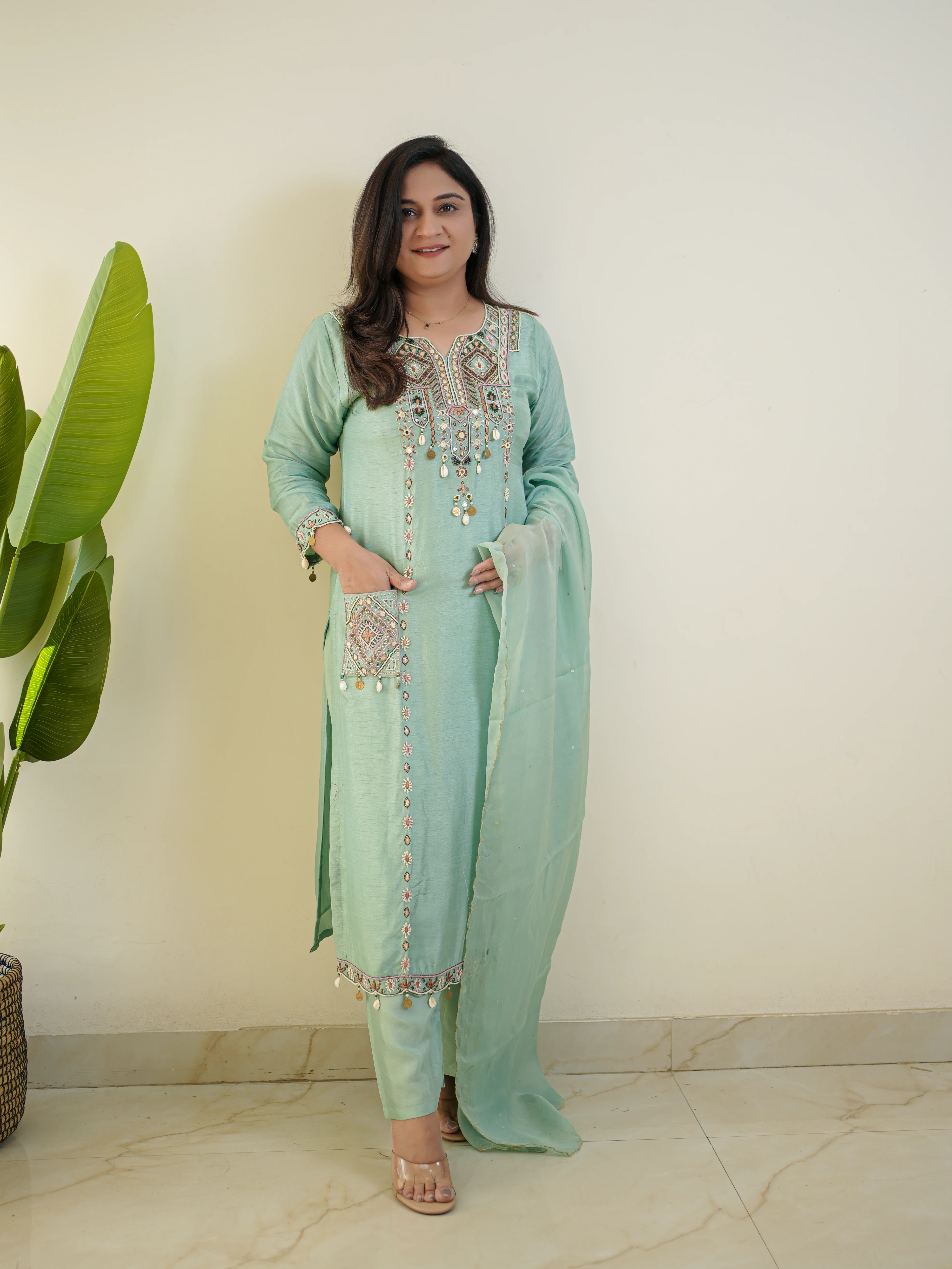 Sia Blue Silk Festive HandEmbroidered Pant Set - Image 6