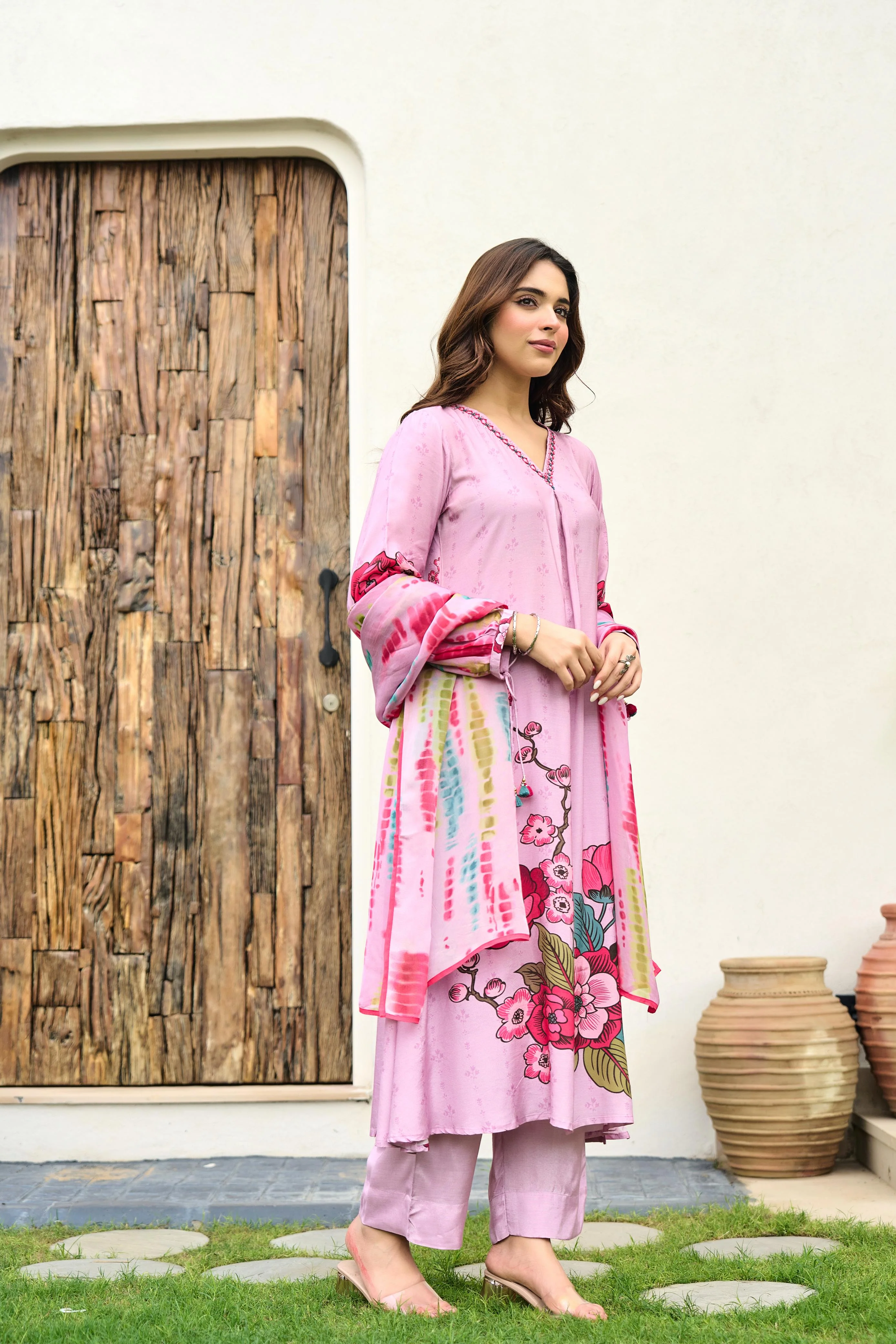 Dolly Pink Muslin Floral Embroidered Pant Set - Image 2