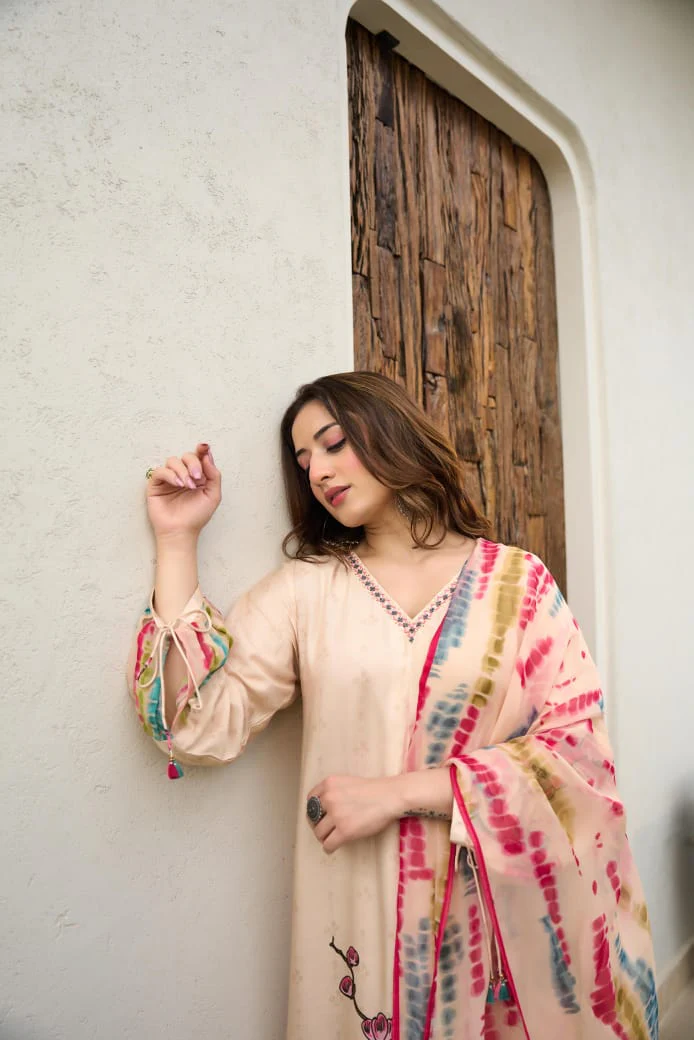 Dolly Beige Muslin Floral Embroidered Pant Set - Image 4