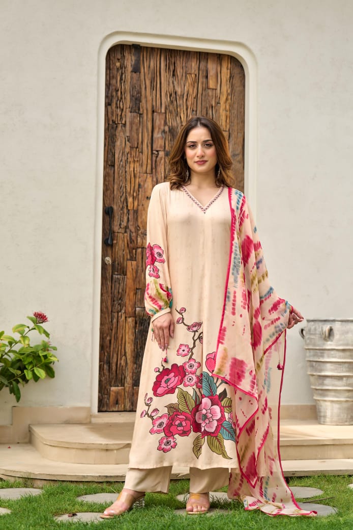 Dolly Beige Muslin Floral Embroidered Pant Set - Image 5