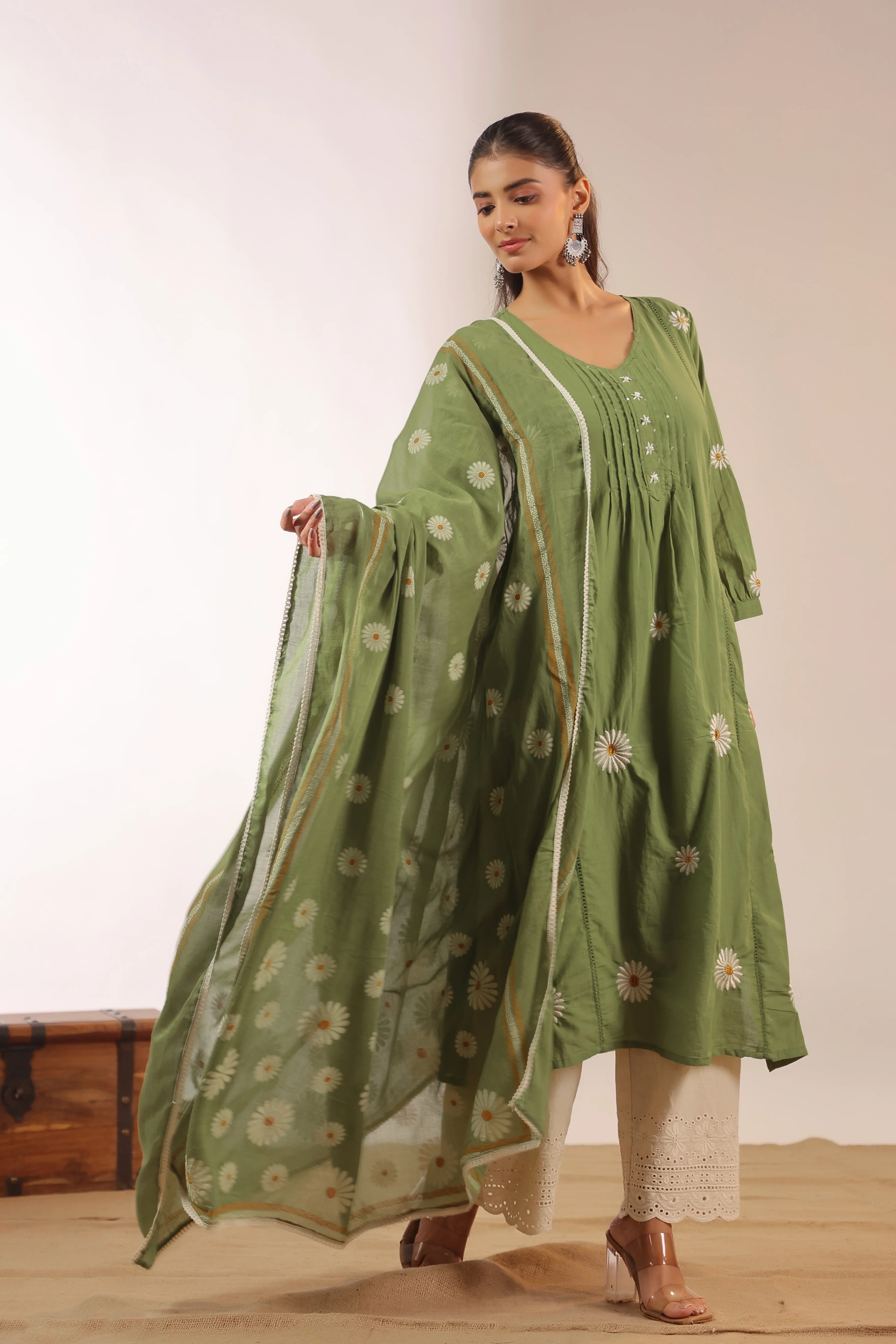 Eira Mul Cotton Embroidered A-line Pant Set