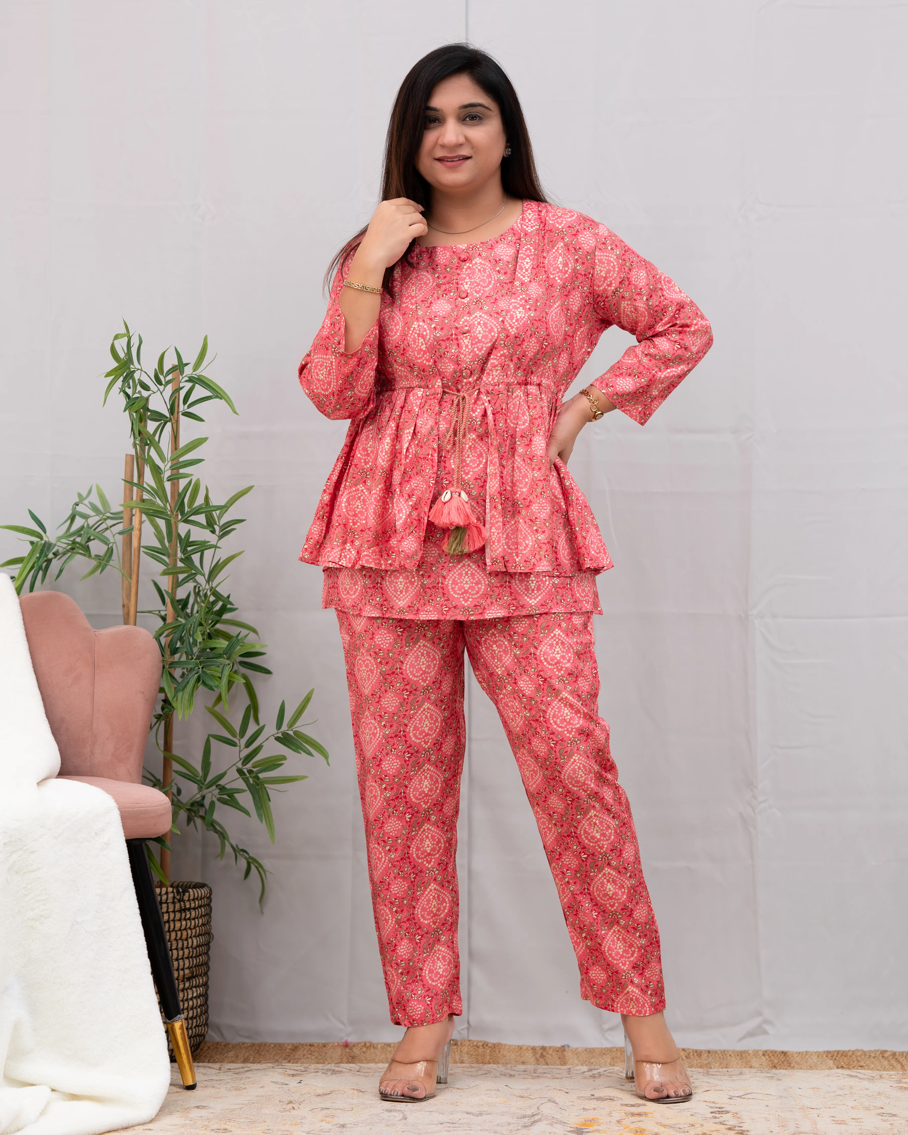 Ella Muslin Coord Set with Detachable Jacket Peach - Image 3