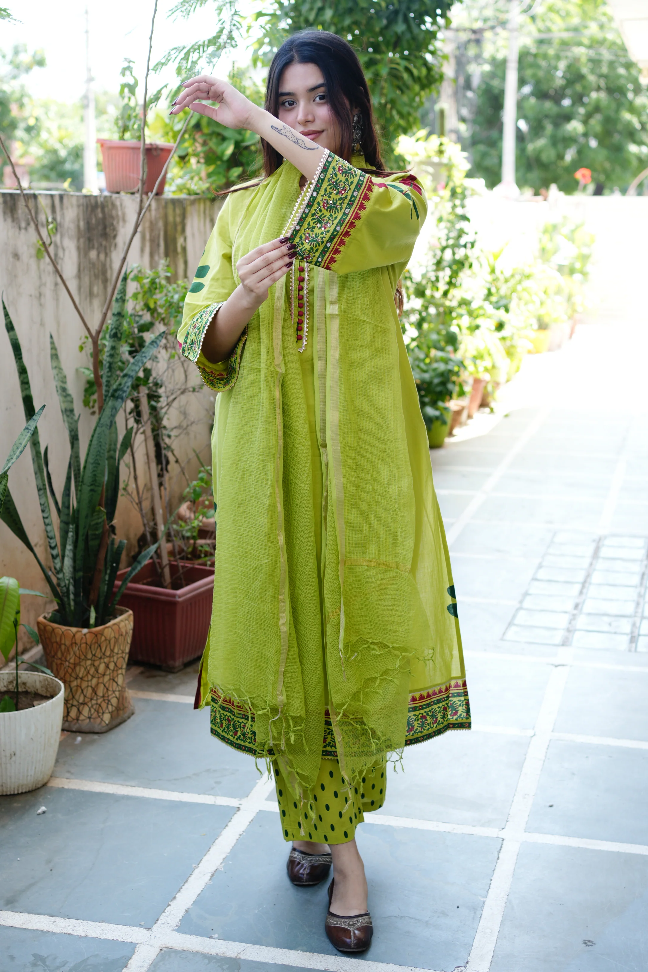 Erisha Cotton Handblock Embroidered Pant Set - Image 13