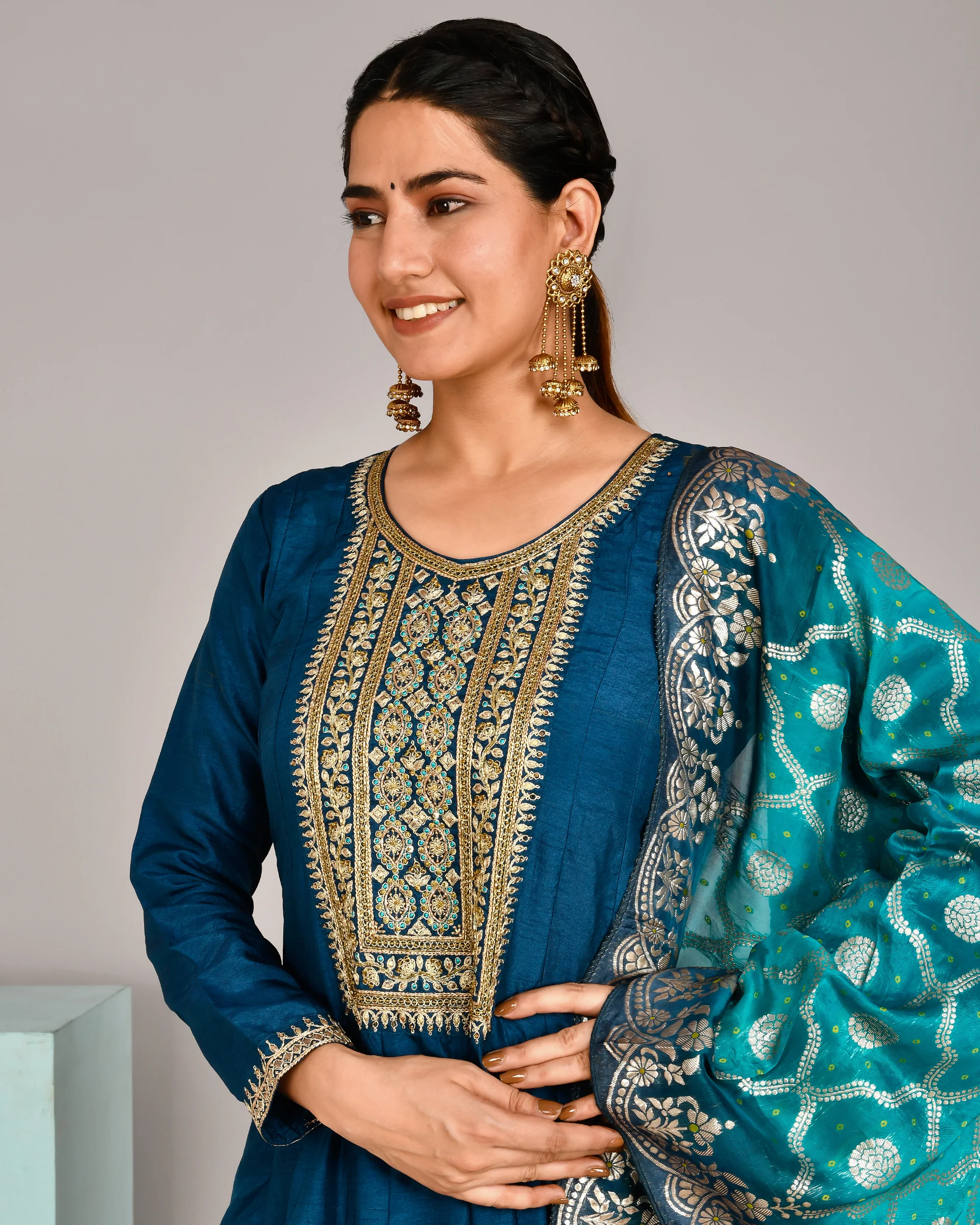 Festive Special Silk Embroidered Long Gown With Banarasi Dupatta - Image 5