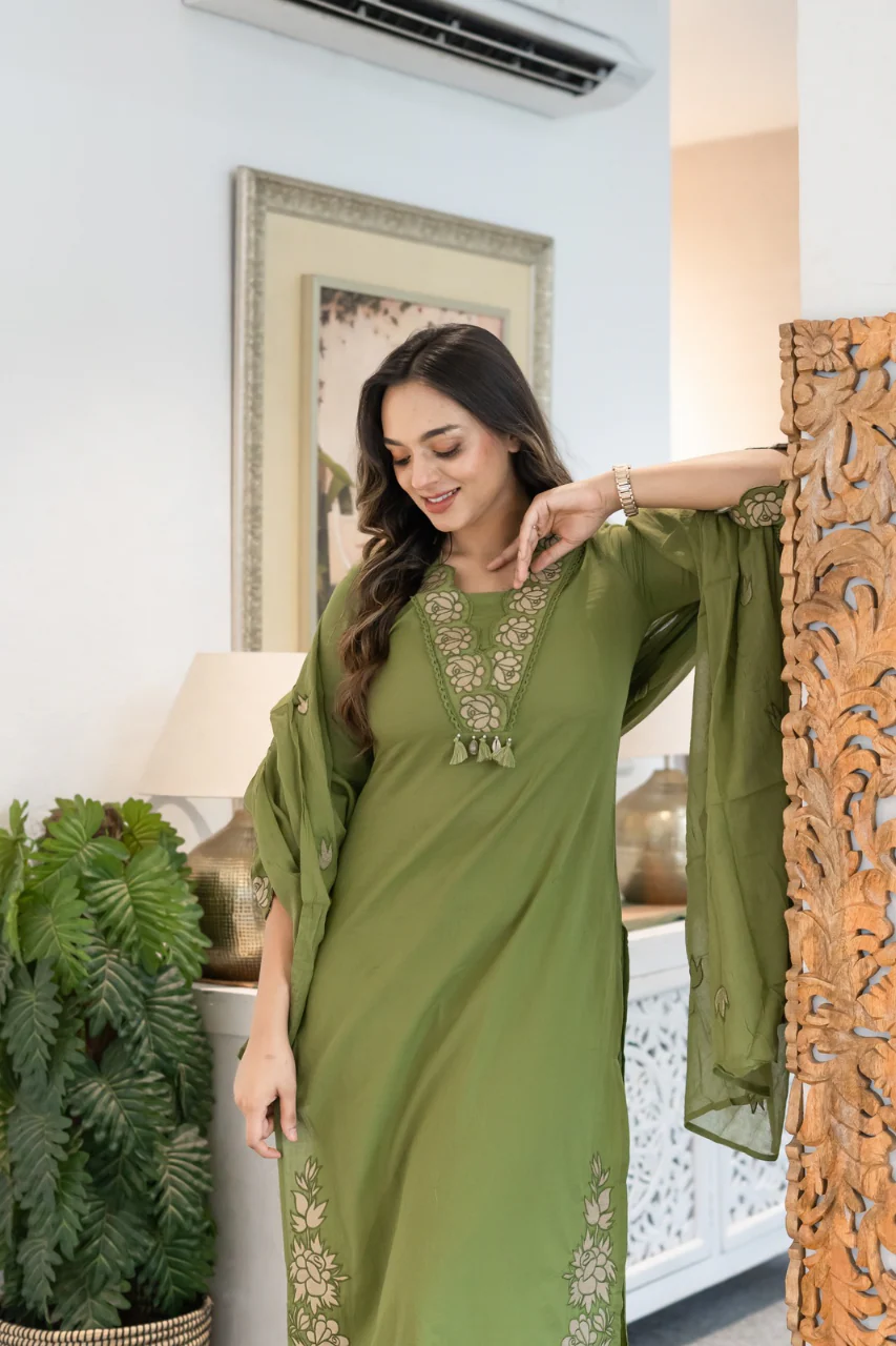 Gazal Green Premium Cotton Embroidered Pant set - Image 11