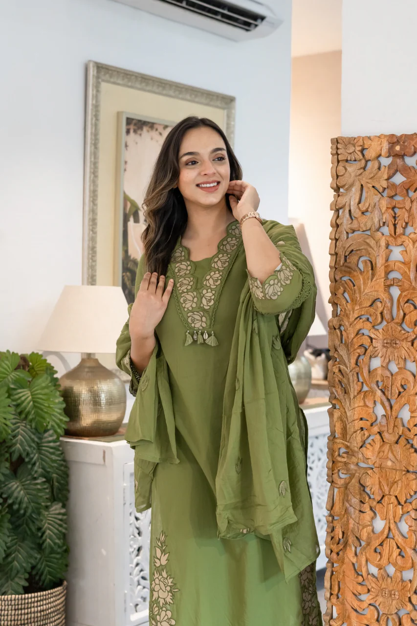 Gazal Green Premium Cotton Embroidered Pant set - Image 12