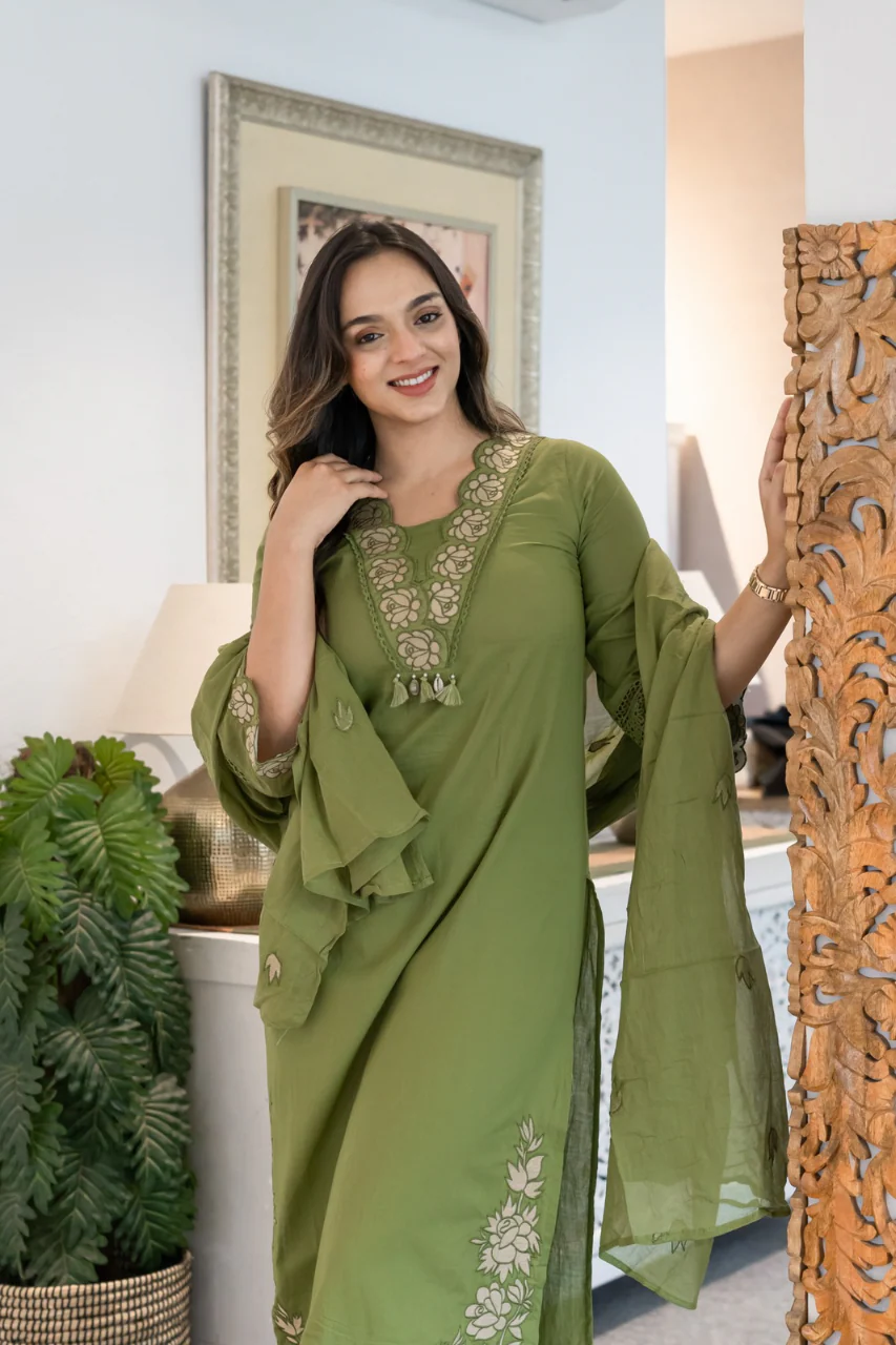 Gazal Green Premium Cotton Embroidered Pant set - Image 13
