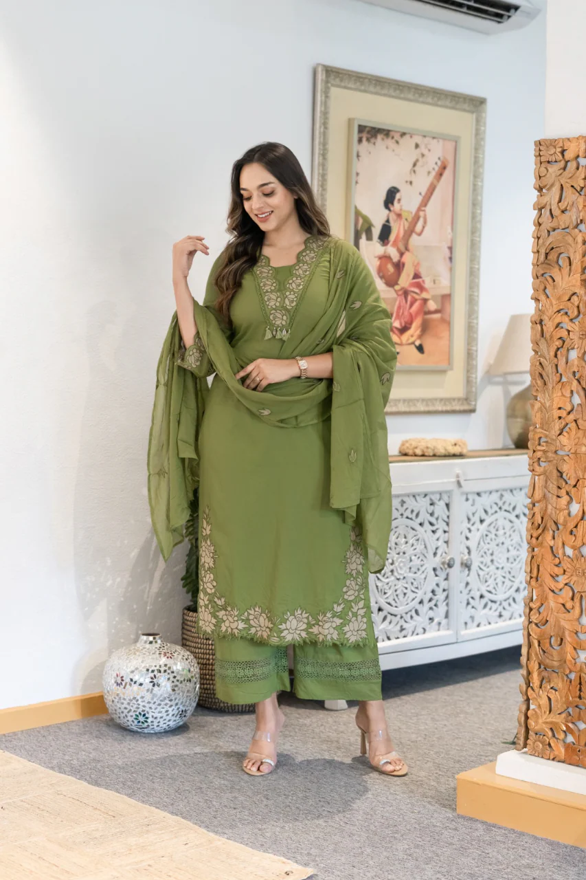Gazal Green Premium Cotton Embroidered Pant set - Image 7