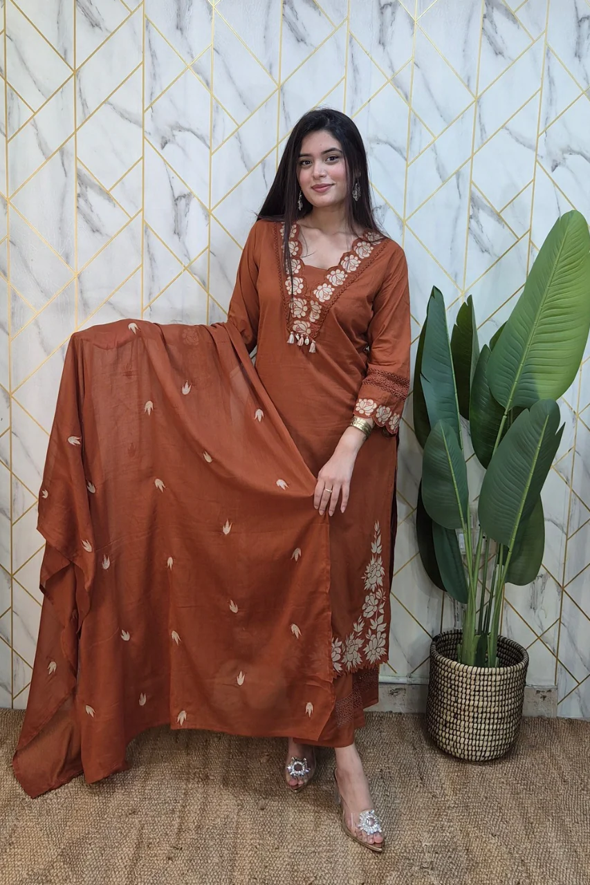 Gazal Rust Premium Cotton Embroidered Pant set - Image 3