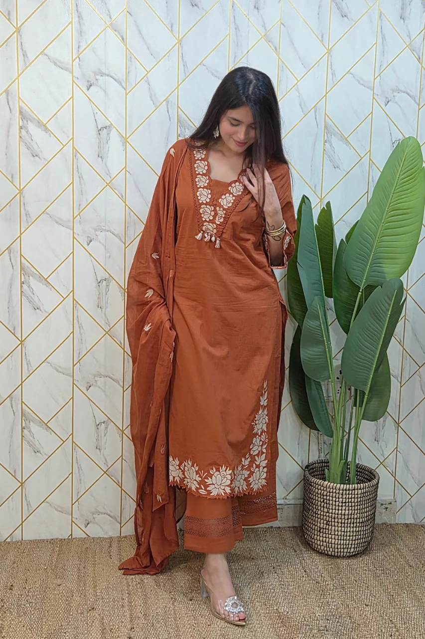 Gazal Rust Premium Cotton Embroidered Pant set - Image 4