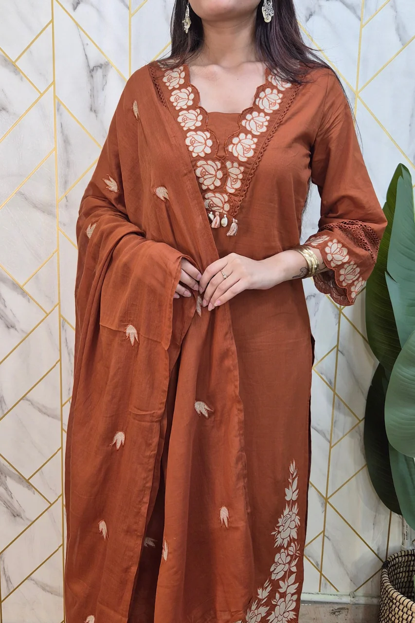 Gazal Rust Premium Cotton Embroidered Pant set - Image 5