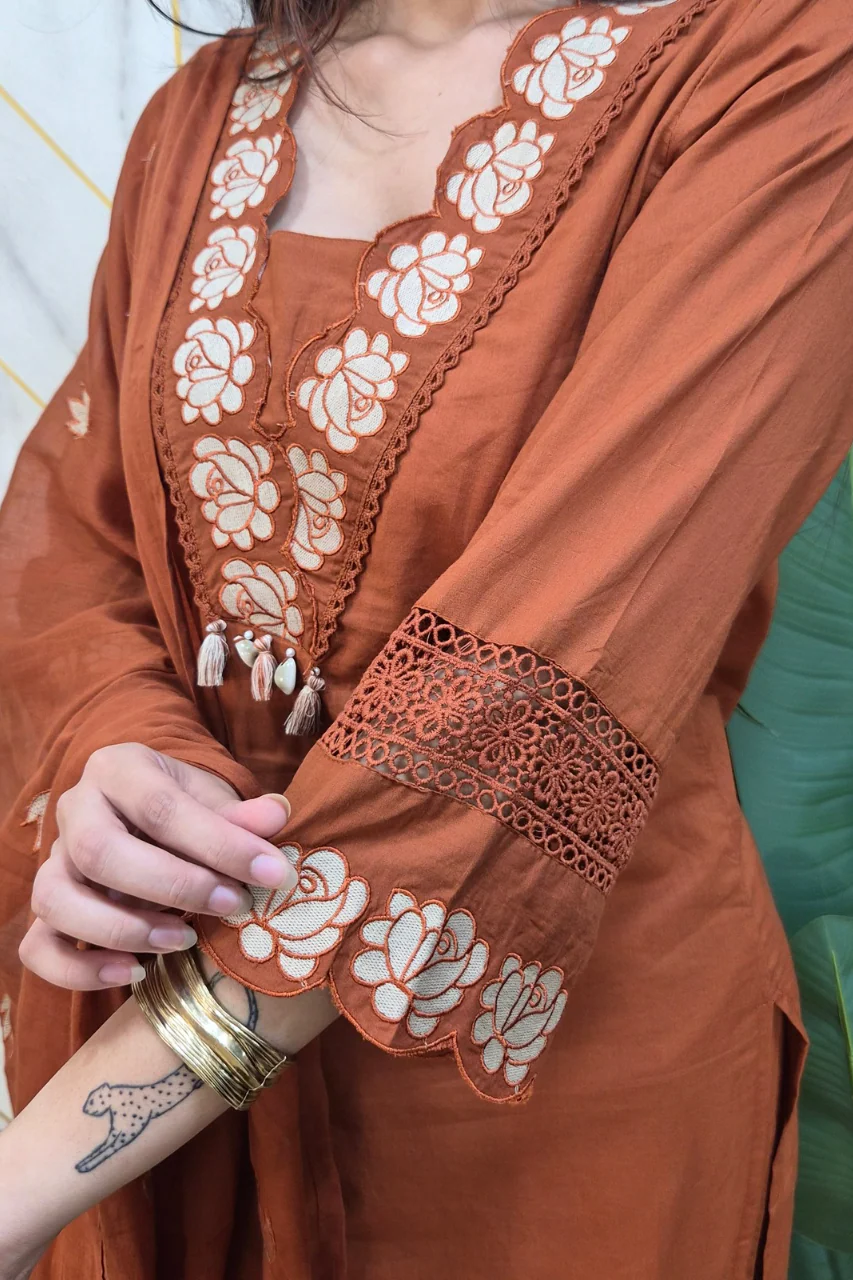 Gazal Rust Premium Cotton Embroidered Pant set - Image 7