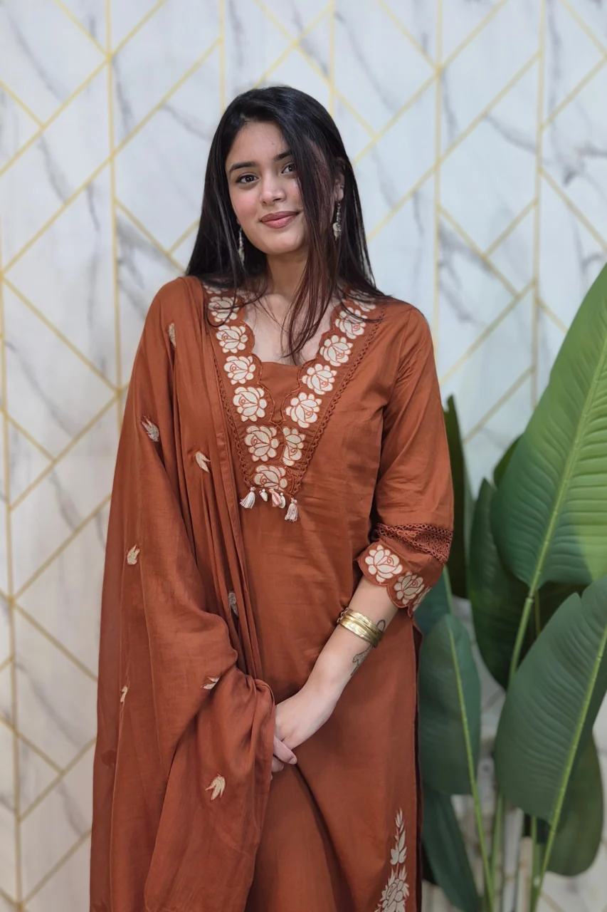 Gazal Rust Premium Cotton Embroidered Pant set - Image 8