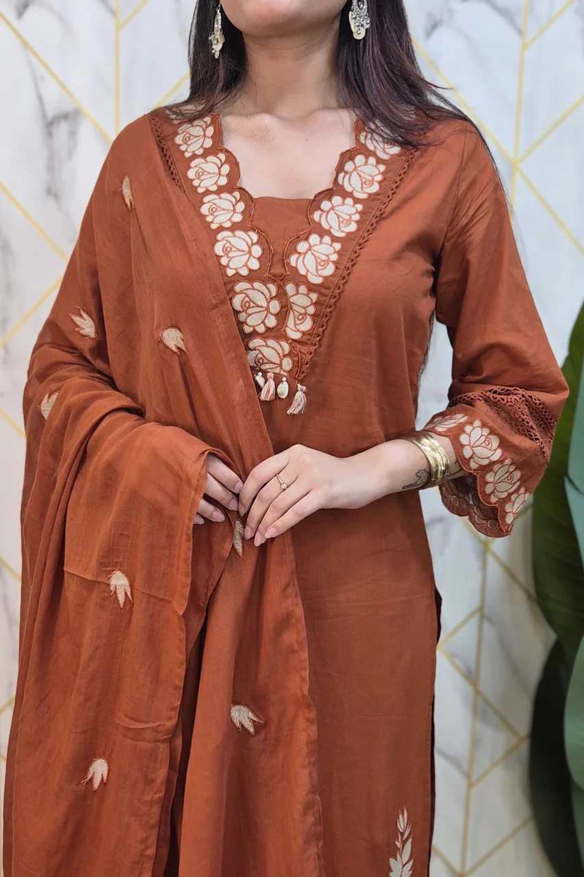 Gazal Rust Premium Cotton Embroidered Pant set - Image 9