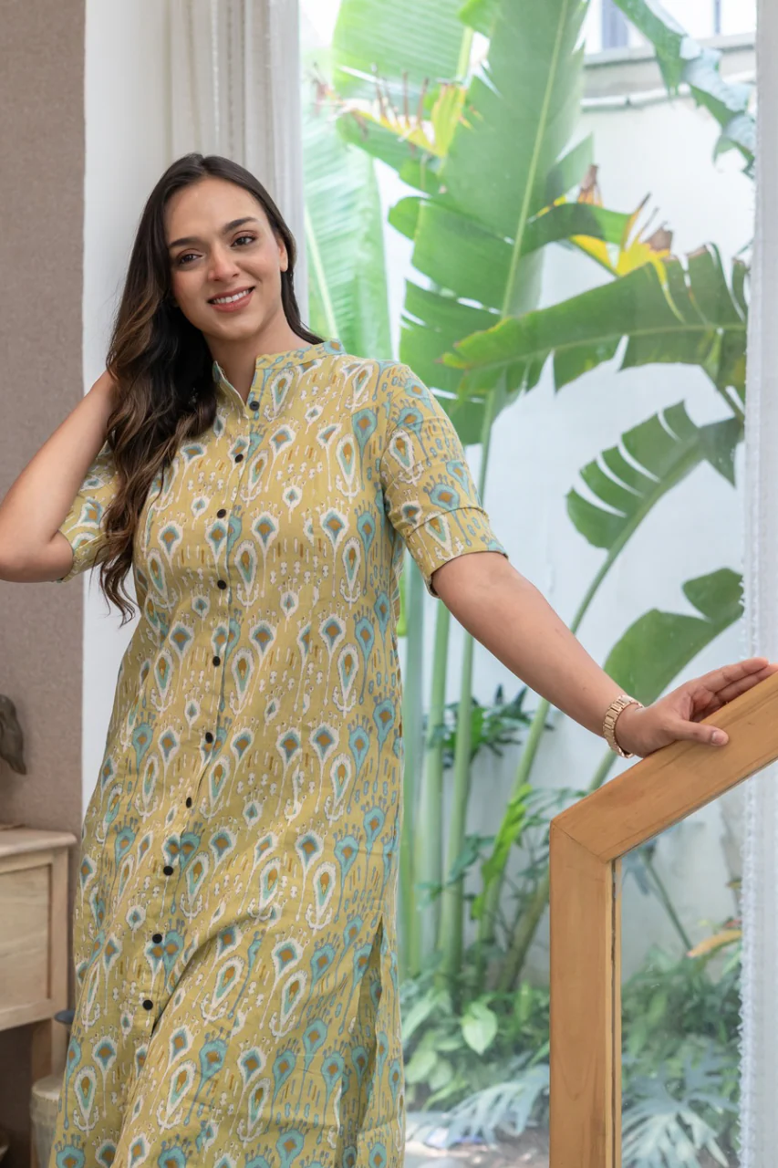 Green Ikkat Cotton A-line Coord Set - Image 3