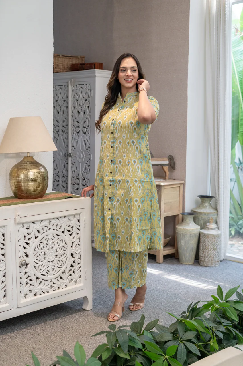 Green Ikkat Cotton A-line Coord Set - Image 5