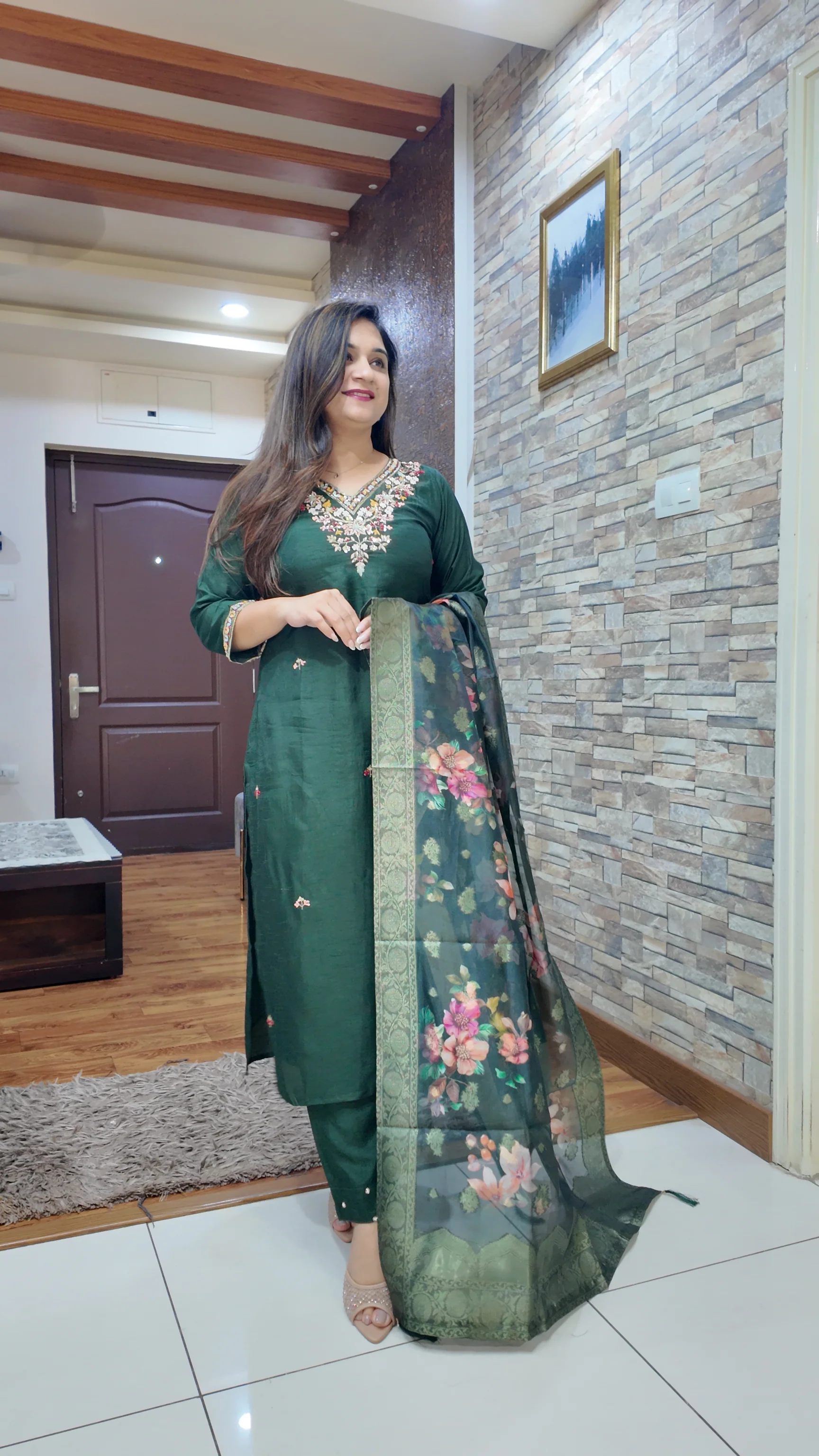 Green Silk Hand embroidered Pant Set - Image 2