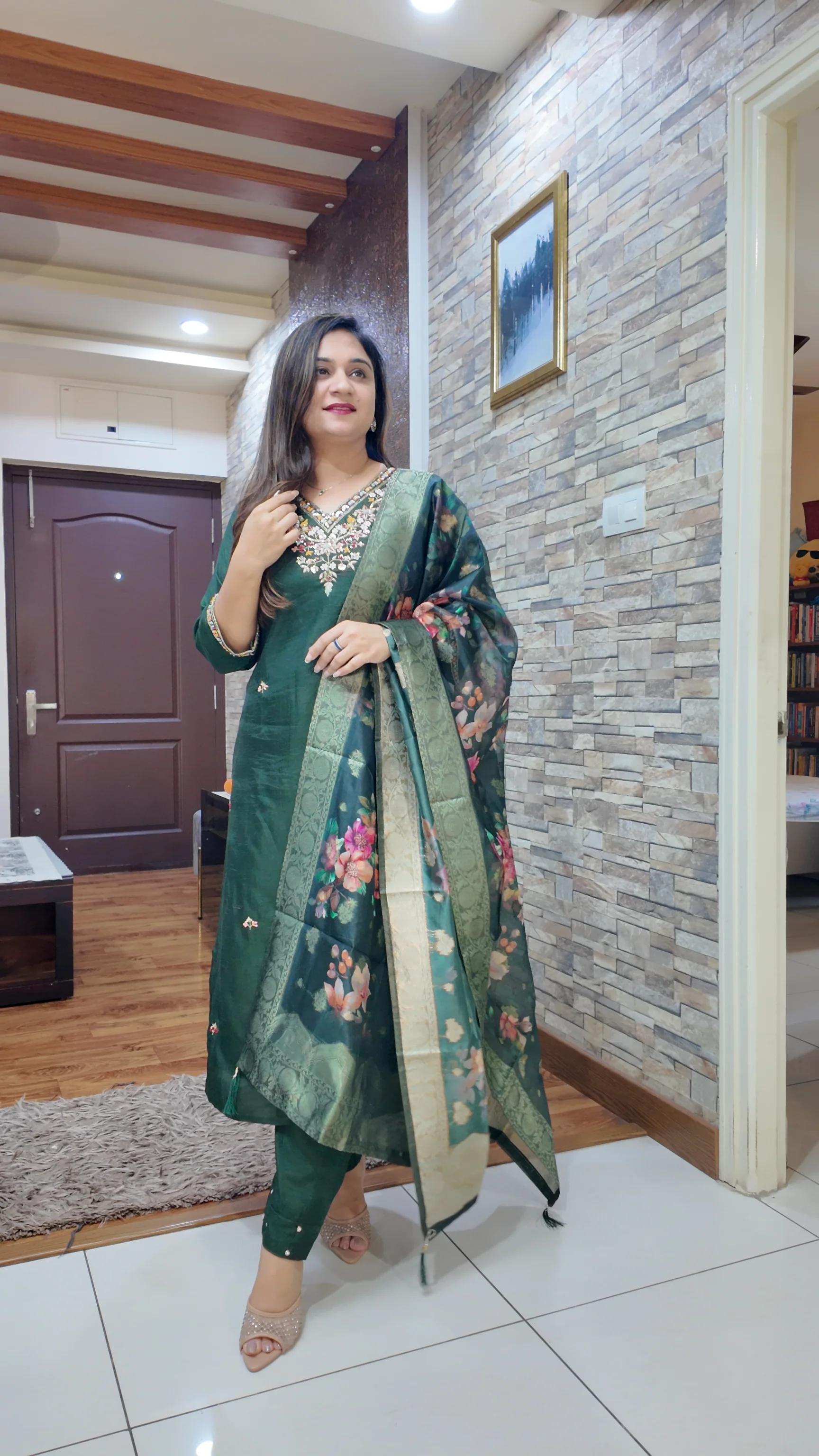 Green Silk Hand embroidered Pant Set - Image 3